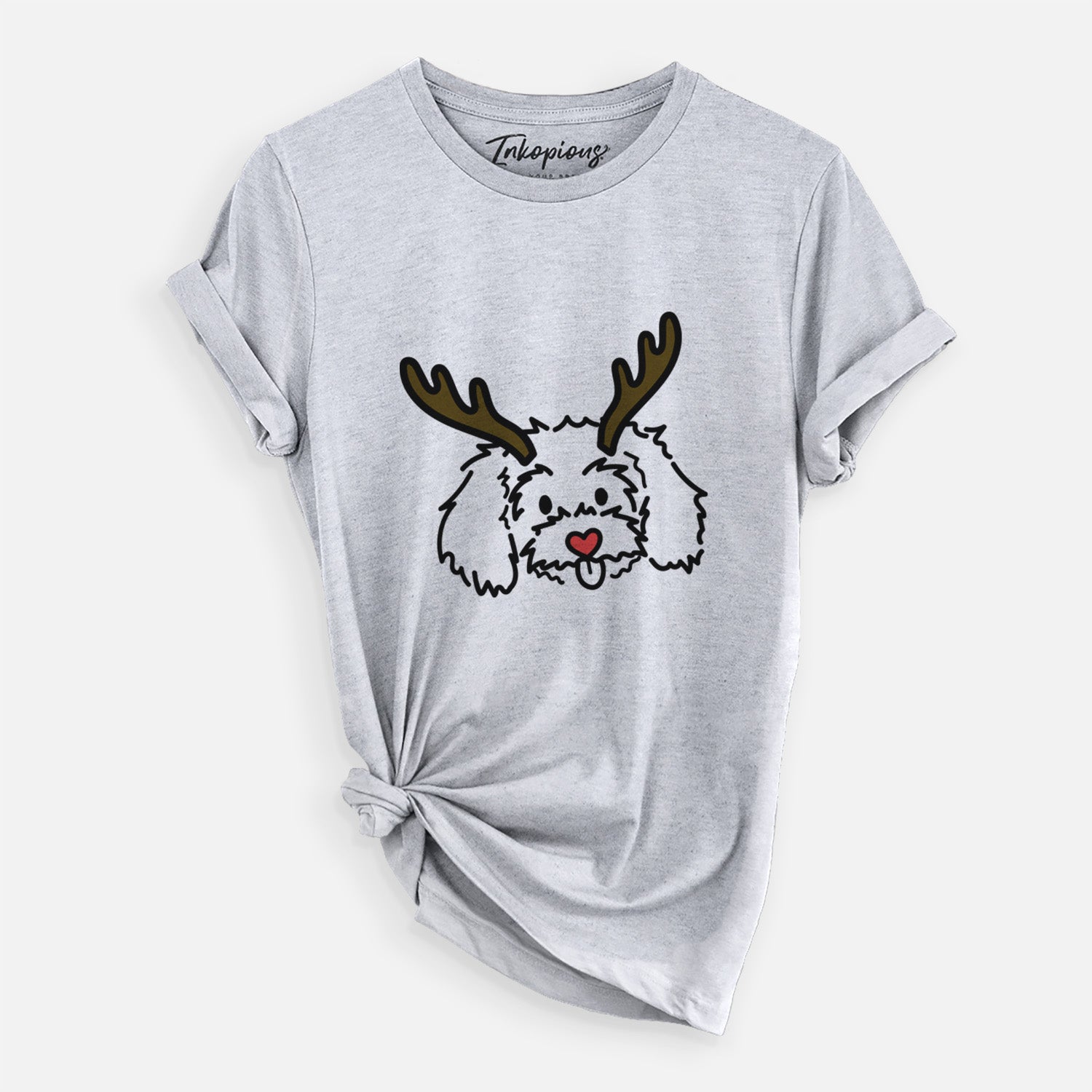 Minimalist line drawing of Holly the Maltipoo with reindeer antlers and a red nose on a Grey Unisex crewneck