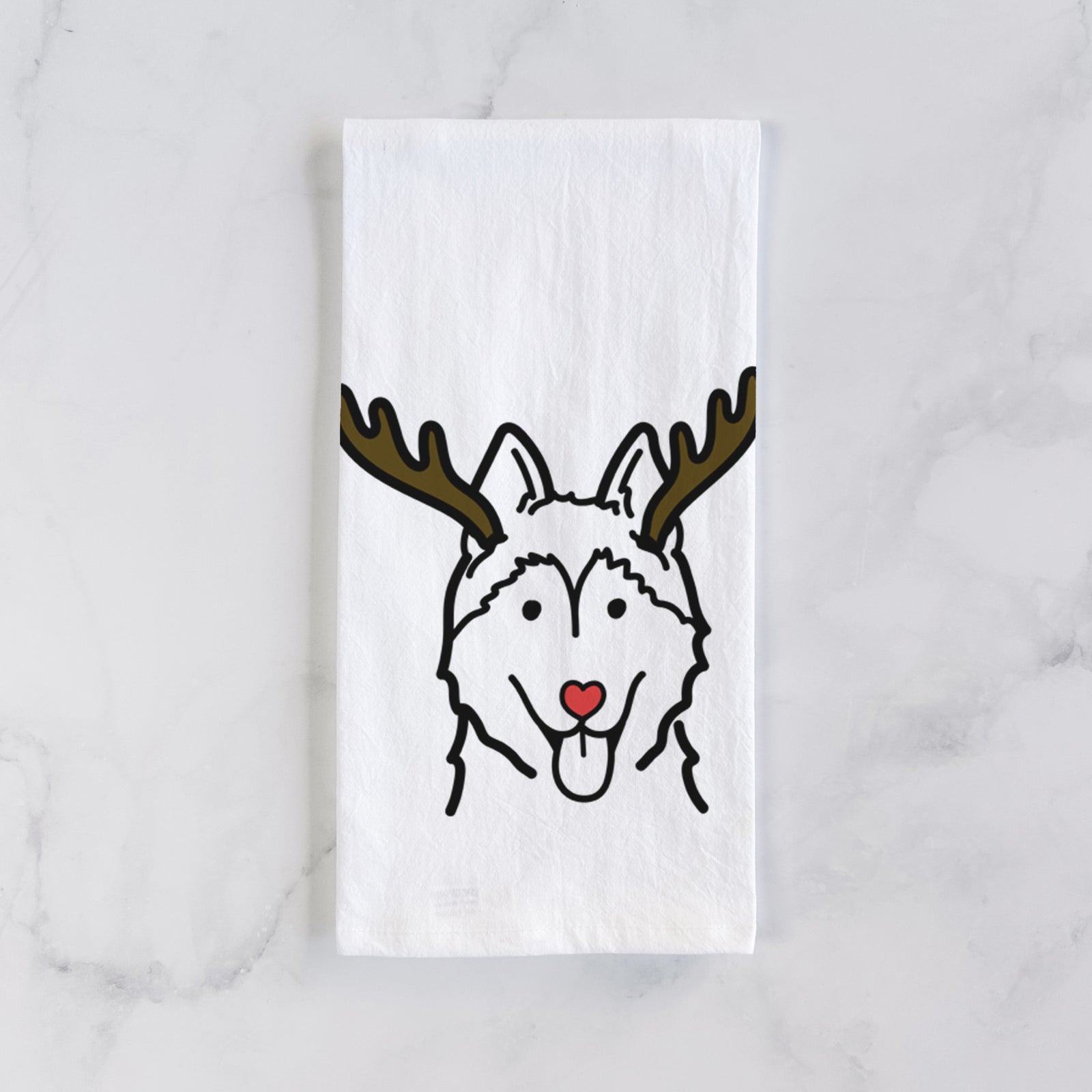 Minimalist line drawing of a Siberian Husky with reindeer antlers and a red nose on a tea towel
