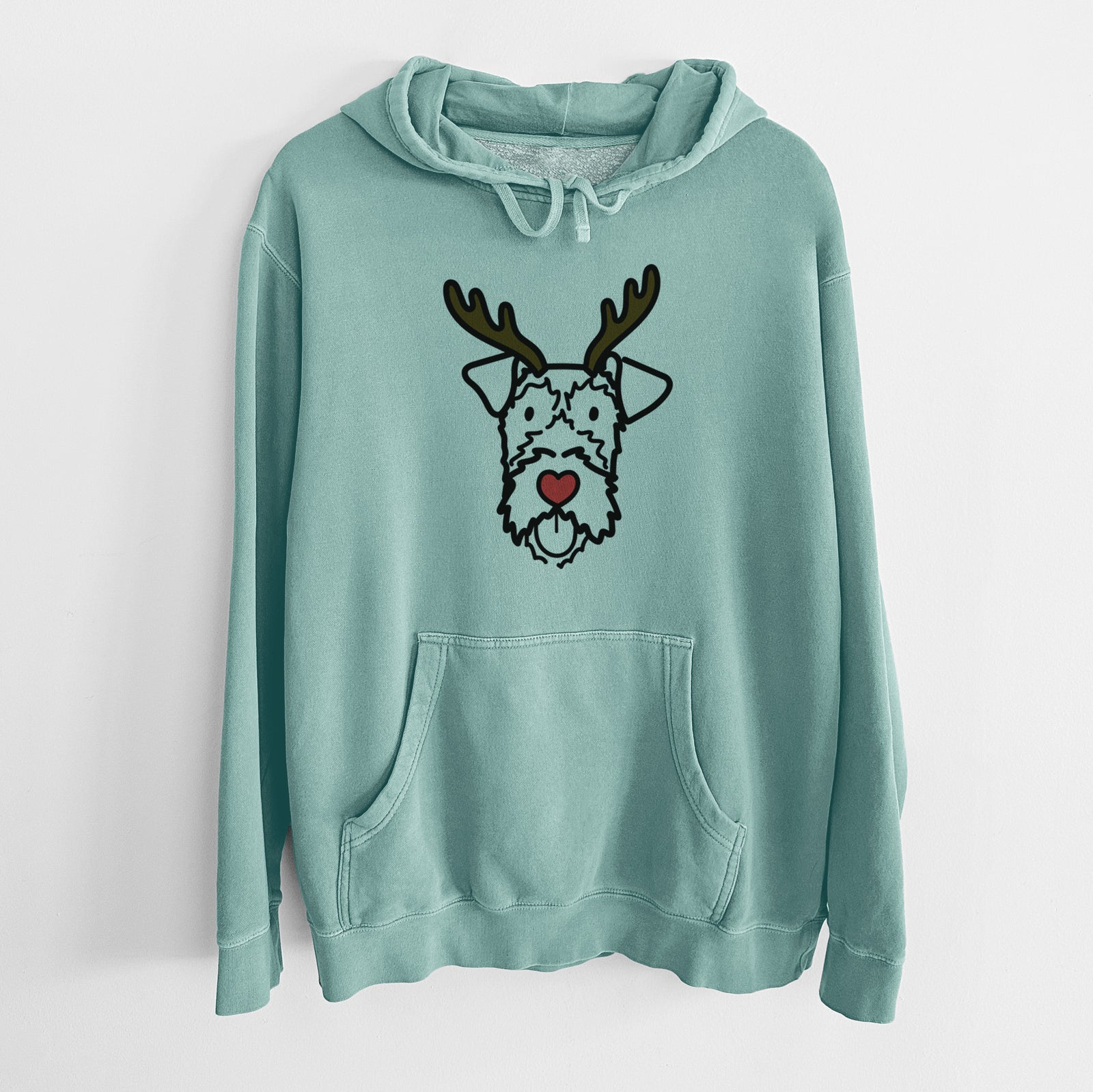 Minimalist line drawing of an Irish Terrier with reindeer antlers and a red nose on a Mint Unisex pigment dyed hoodie