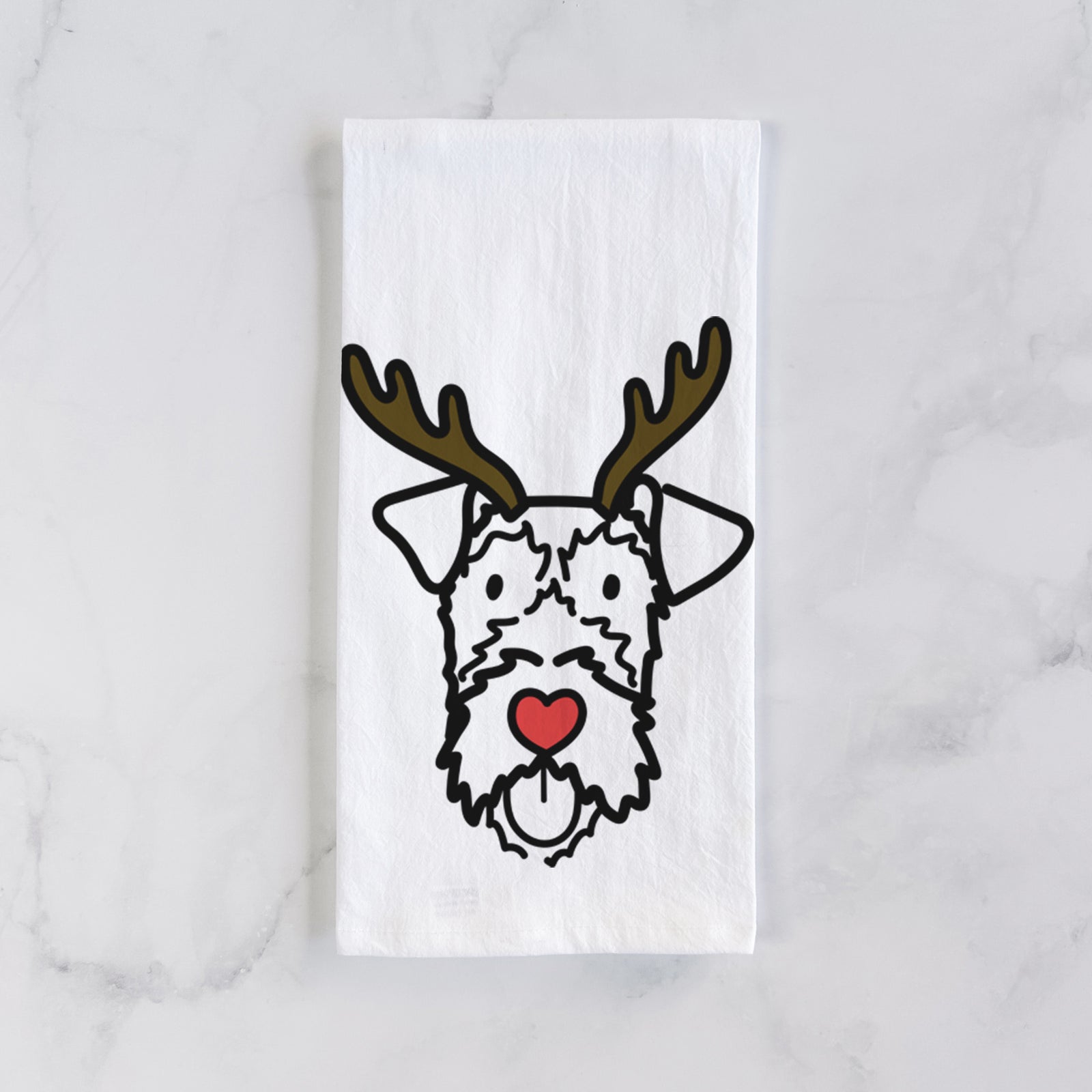 Minimalist line drawing of an Irish Terrier with reindeer antlers and a red nose on a tea towel