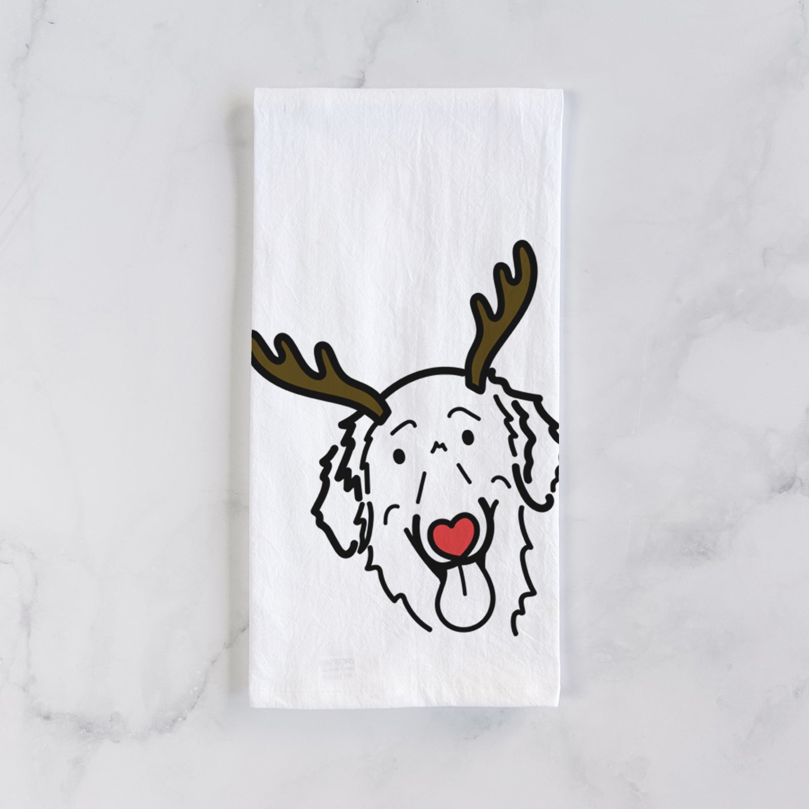 Minimalist line drawing of Jack the Flat-Coated Retriever with reindeer antlers and a red nose on a tea towel