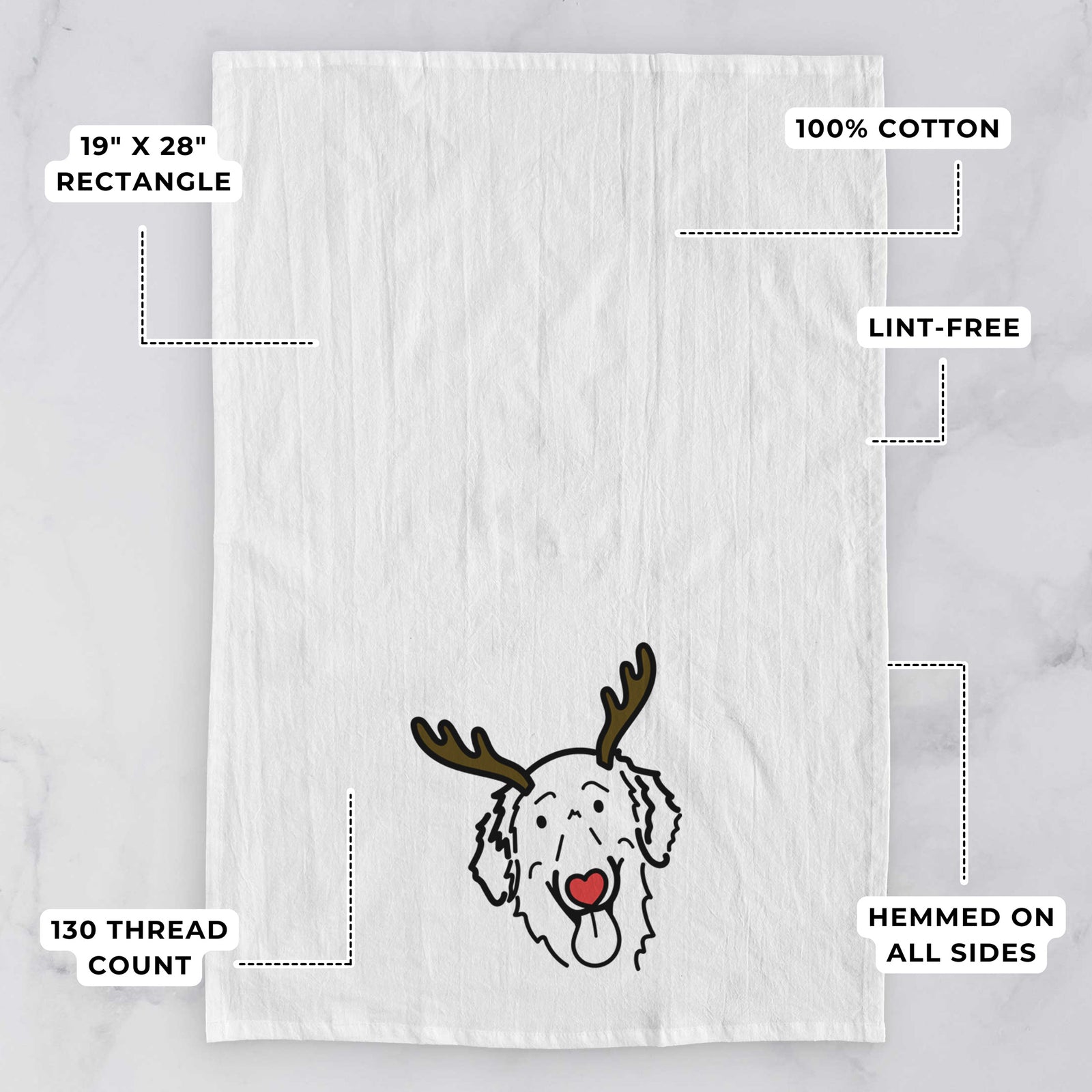 Minimalist line drawing of Jack the Flat-Coated Retriever with reindeer antlers and a red nose on a tea towel, with feature callouts: 19 x 28 inch rectangle, 100% cotton, lint-free, 120 thread count, hemmed on all sides