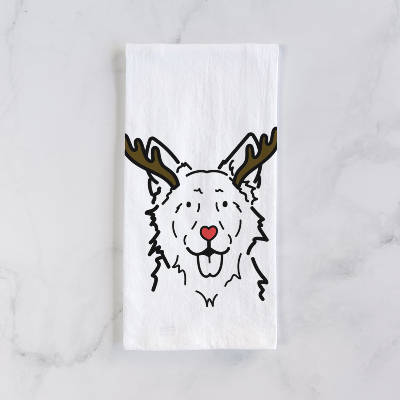 Minimalist line drawing of Jack the Mudi with reindeer antlers and a red nose on a tea towel