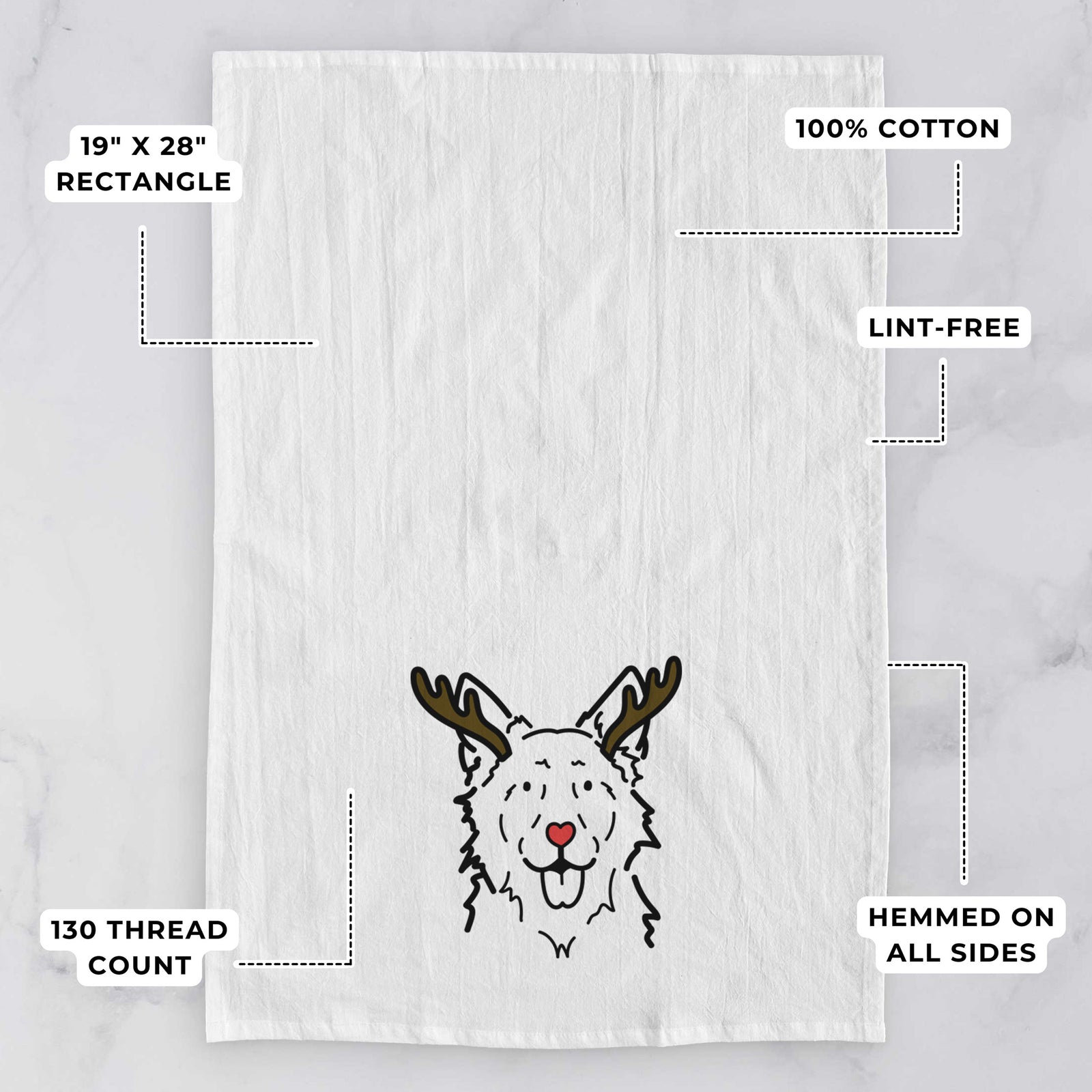 Minimalist line drawing of Jack the Mudi with reindeer antlers and a red nose on a tea towel, with feature callouts: 19 x 28 inch rectangle, 100% cotton, lint-free, 120 thread count, hemmed on all sides