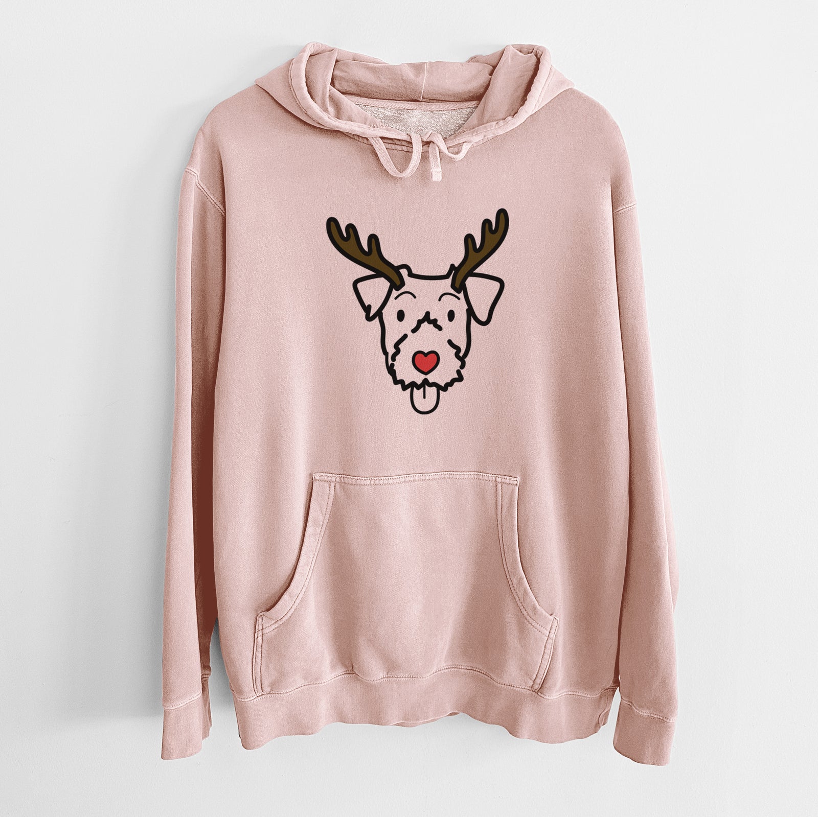 Minimalist line drawing of a Jack Russell Terrier with reindeer antlers and a red nose on a Dusty Pink Unisex pigment dyed hoodie