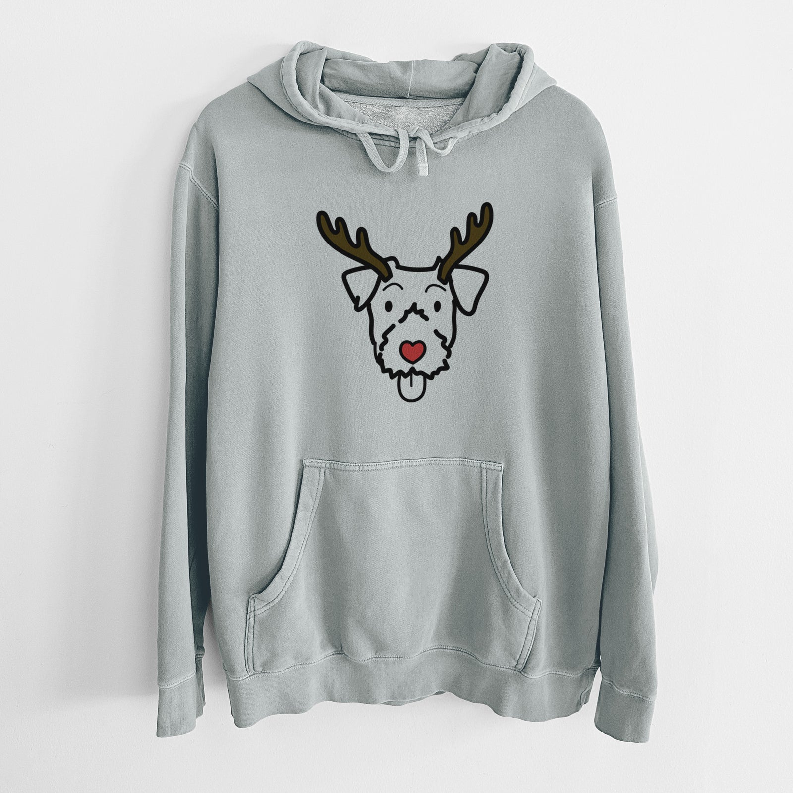 Minimalist line drawing of a Jack Russell Terrier with reindeer antlers and a red nose on a Sage Unisex pigment dyed hoodie