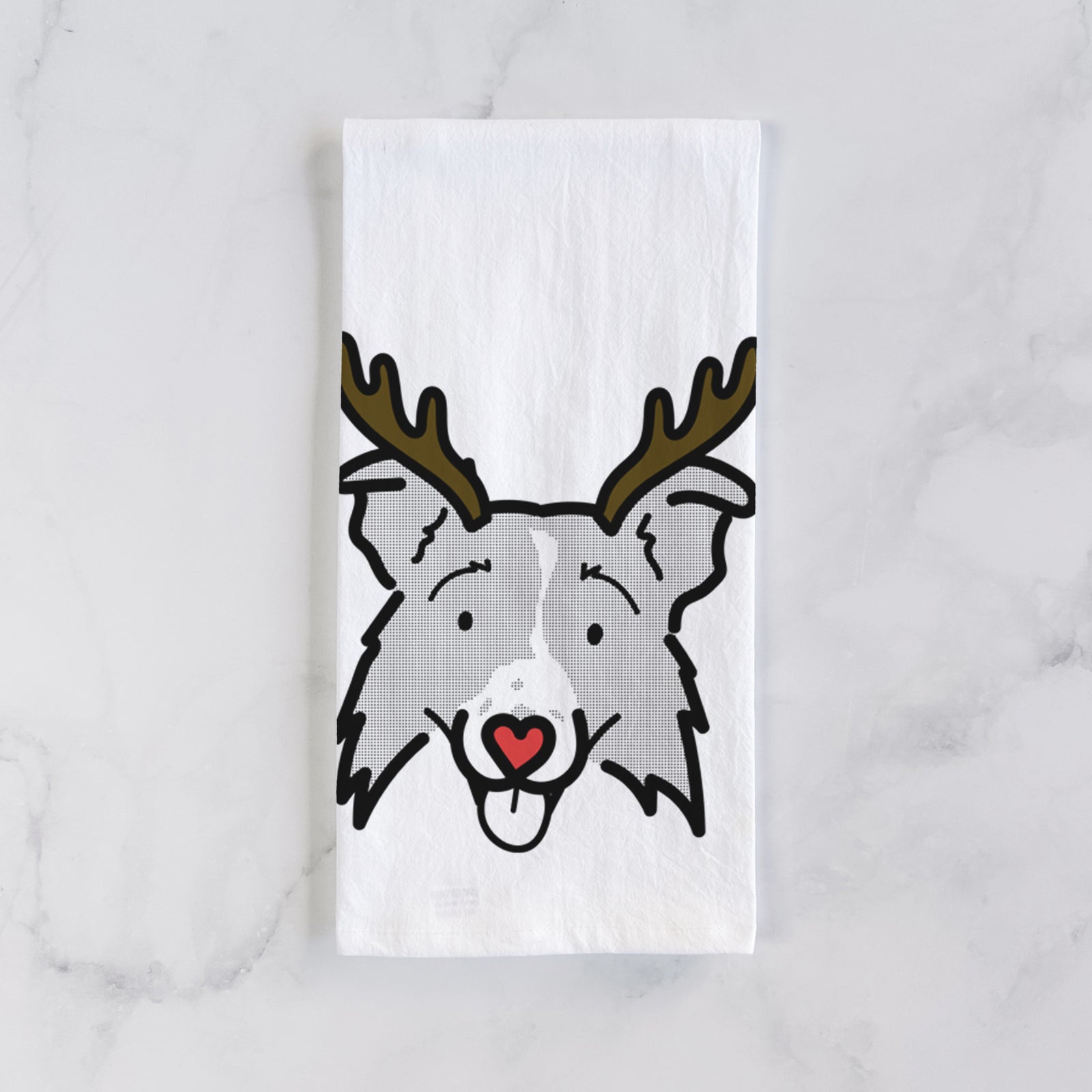 Minimalist line drawing of Jam the Border Collie 2.0 with reindeer antlers and a red nose on a tea towel