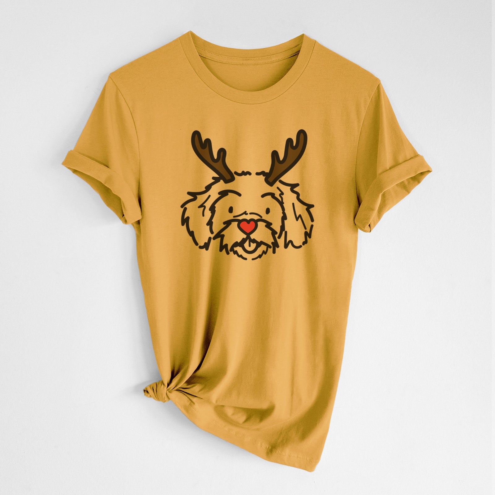 Minimalist line drawing of Jo Jo the Peekapoo with reindeer antlers and a red nose on a Honeycomb Unisex crewneck, worn by a woman