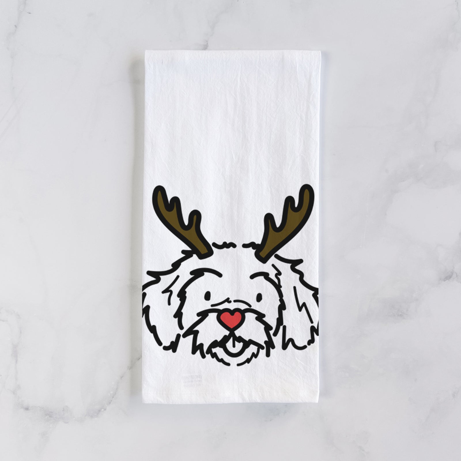 Minimalist line drawing of Jo Jo the Peekapoo with reindeer antlers and a red nose on a tea towel