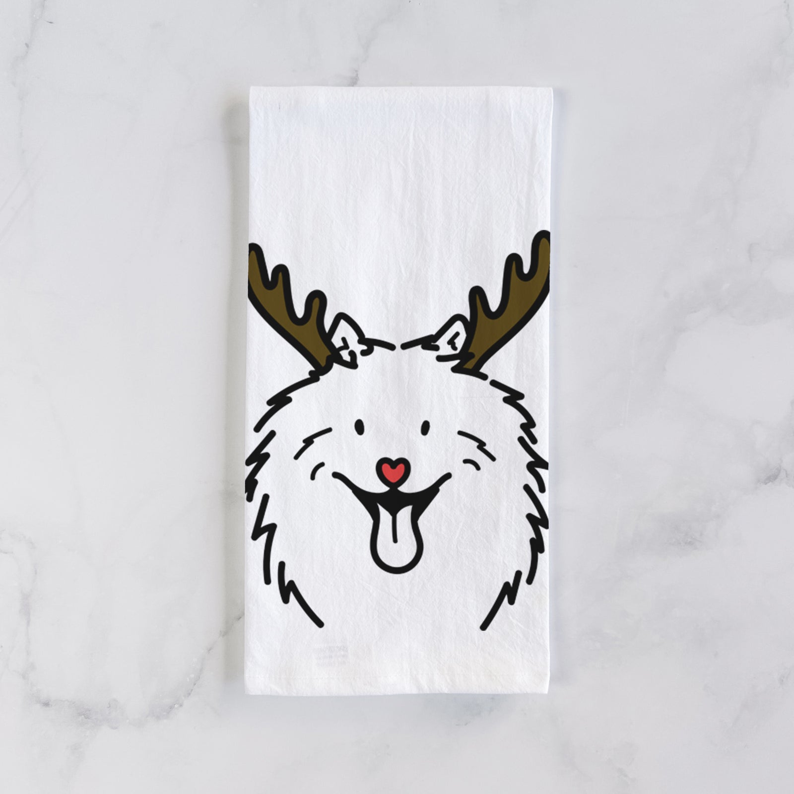 Minimalist line drawing of Johnny the Samoyed with reindeer antlers and a red nose on a tea towel