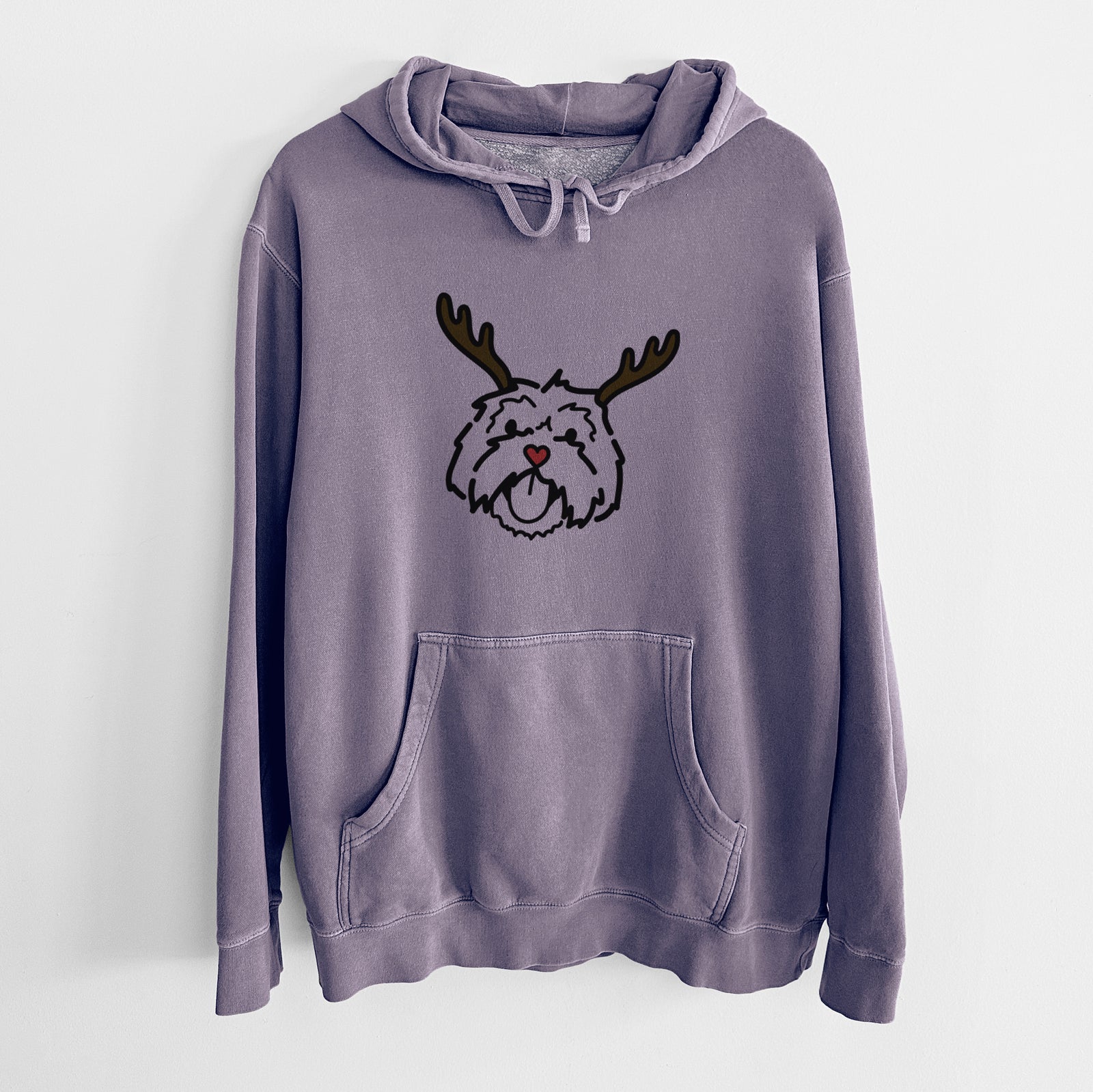 Minimalist line drawing of Keia the Lhasa Apso with reindeer antlers and a red nose on a Plum Unisex pigment dyed hoodie