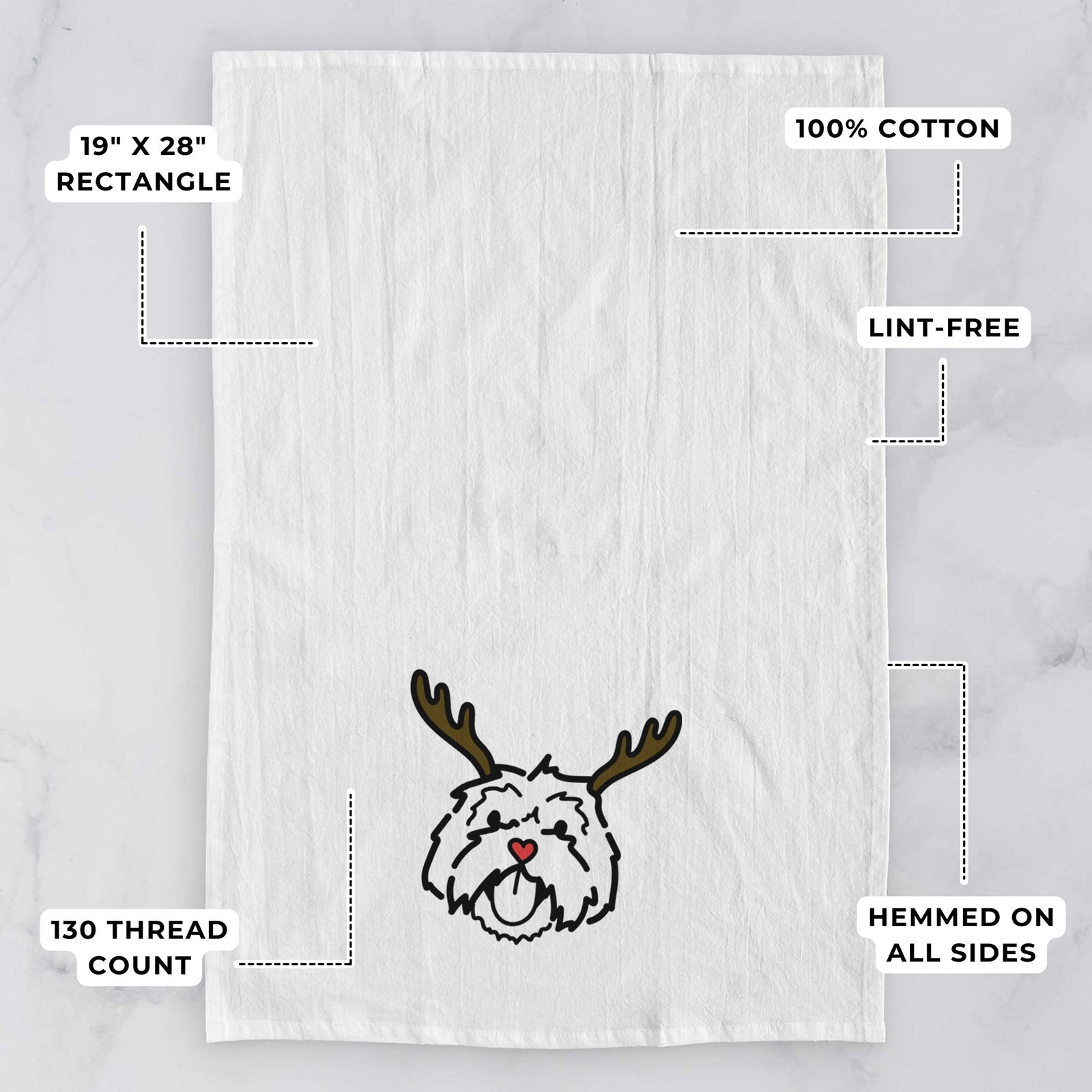 Minimalist line drawing of Keia the Lhasa Apso with reindeer antlers and a red nose on a tea towel, with feature callouts: 19 x 28 inch rectangle, 100% cotton, lint-free, 120 thread count, hemmed on all sides
