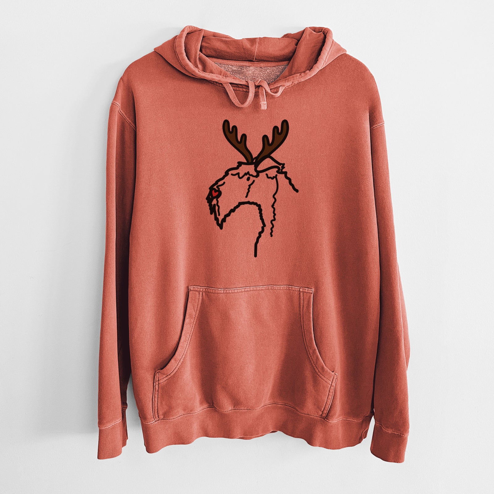 Minimalist line drawing of a Kerry Blue Terrier with reindeer antlers and a red nose on an Amber Unisex pigment dyed hoodie