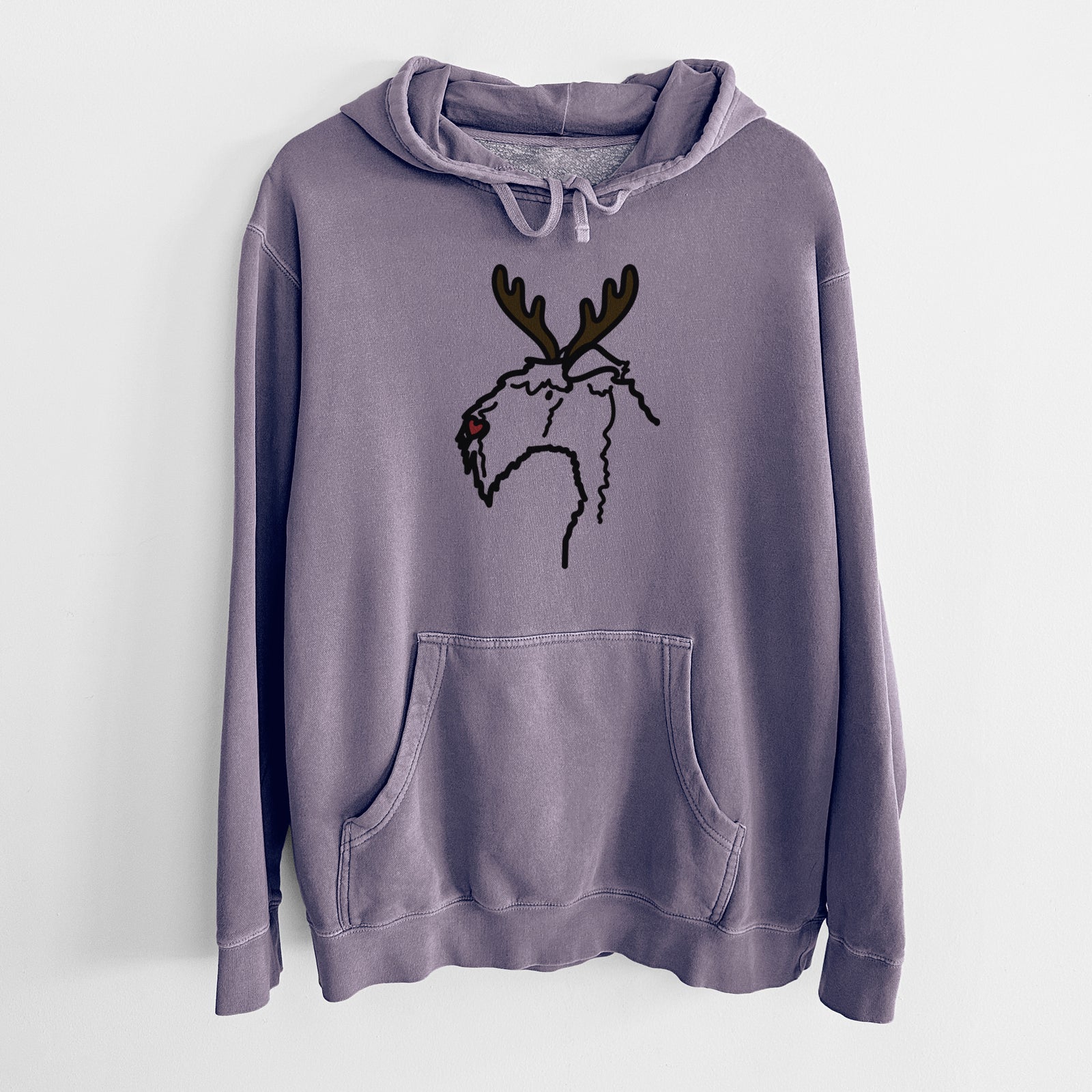 Minimalist line drawing of a Kerry Blue Terrier with reindeer antlers and a red nose on a Plum Unisex pigment dyed hoodie