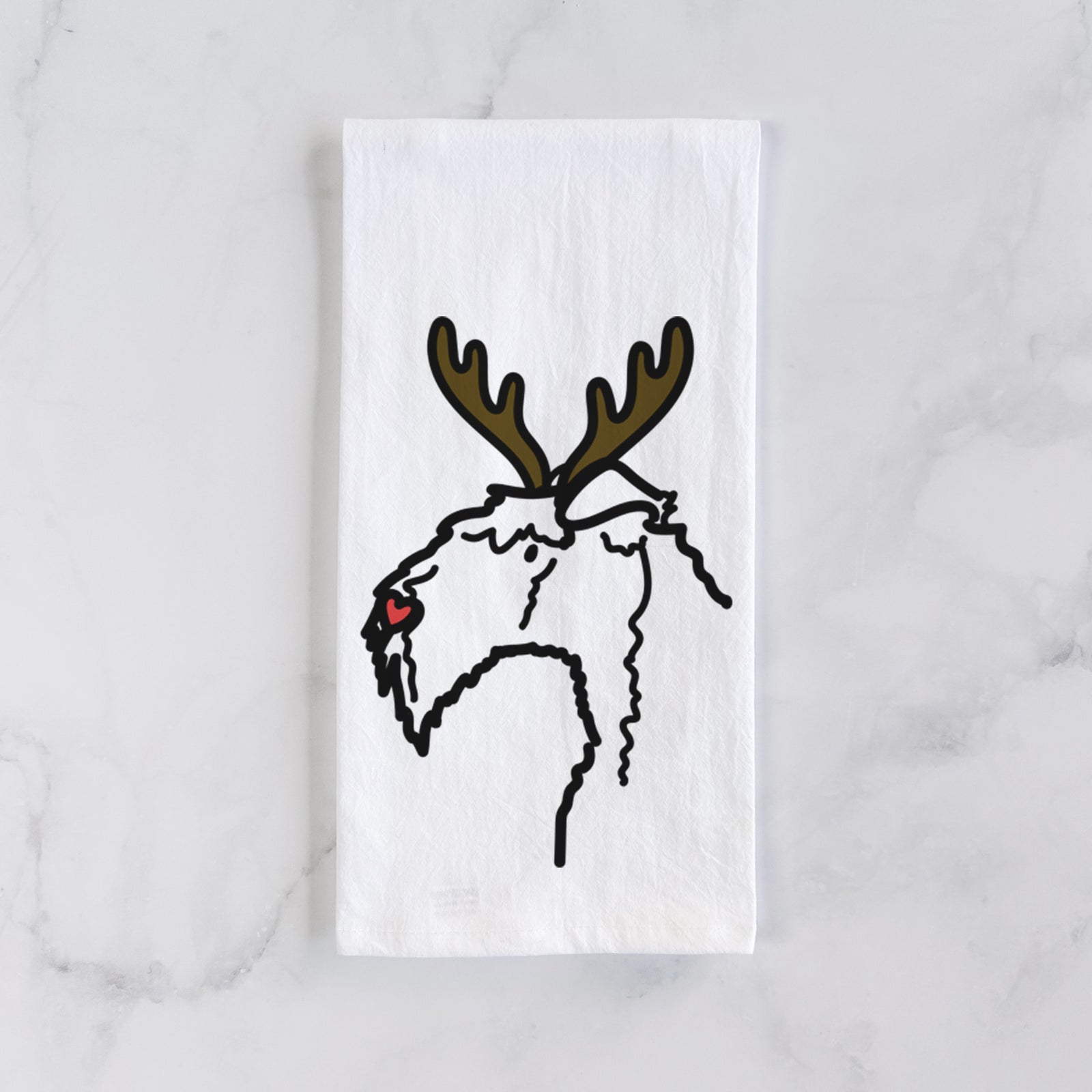 Minimalist line drawing of a Kerry Blue Terrier with reindeer antlers and a red nose on a tea towel