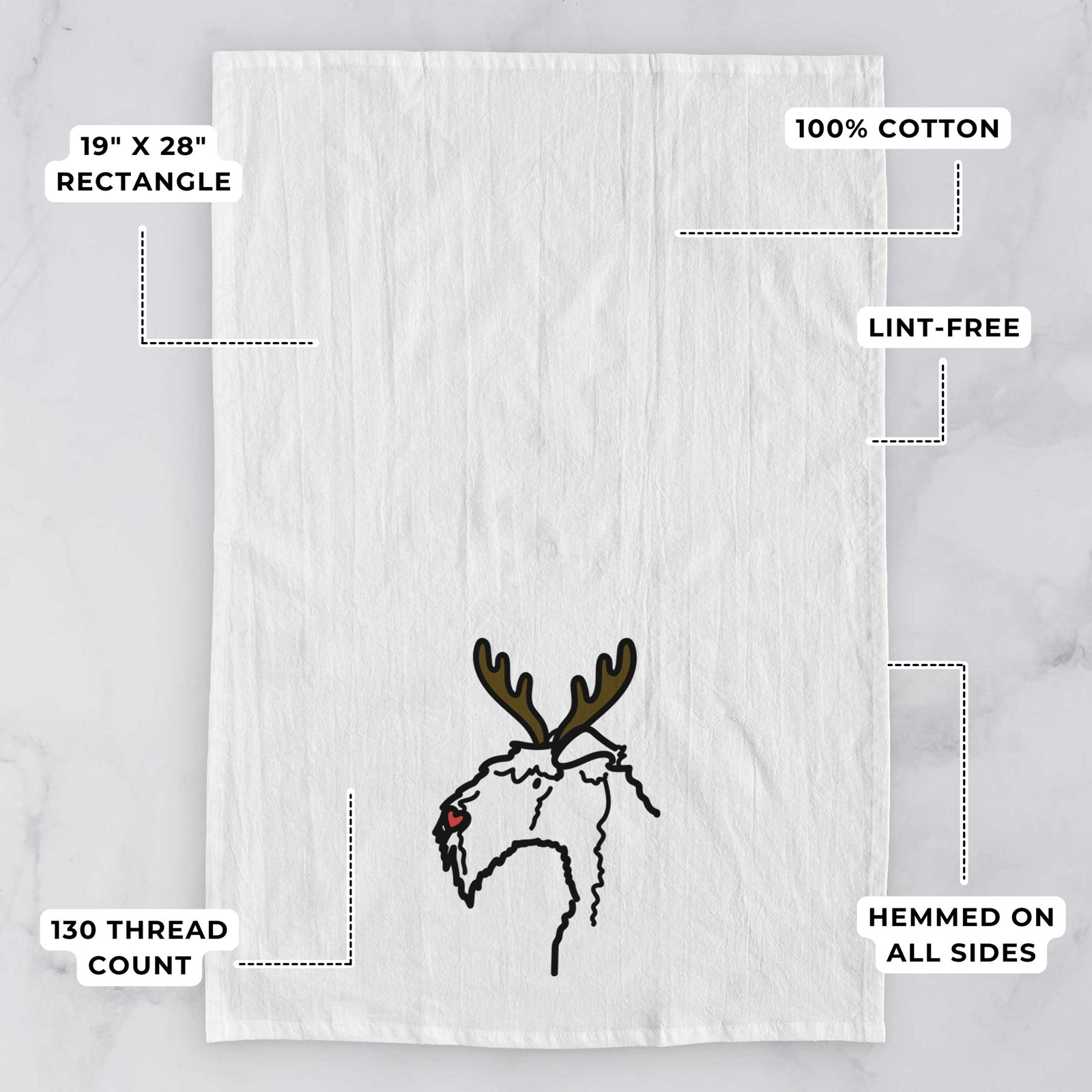 Minimalist line drawing of a Kerry Blue Terrier with reindeer antlers and a red nose on a tea towel, with feature callouts: 19 x 28 inch rectangle, 100% cotton, lint-free, 120 thread count, hemmed on all sides