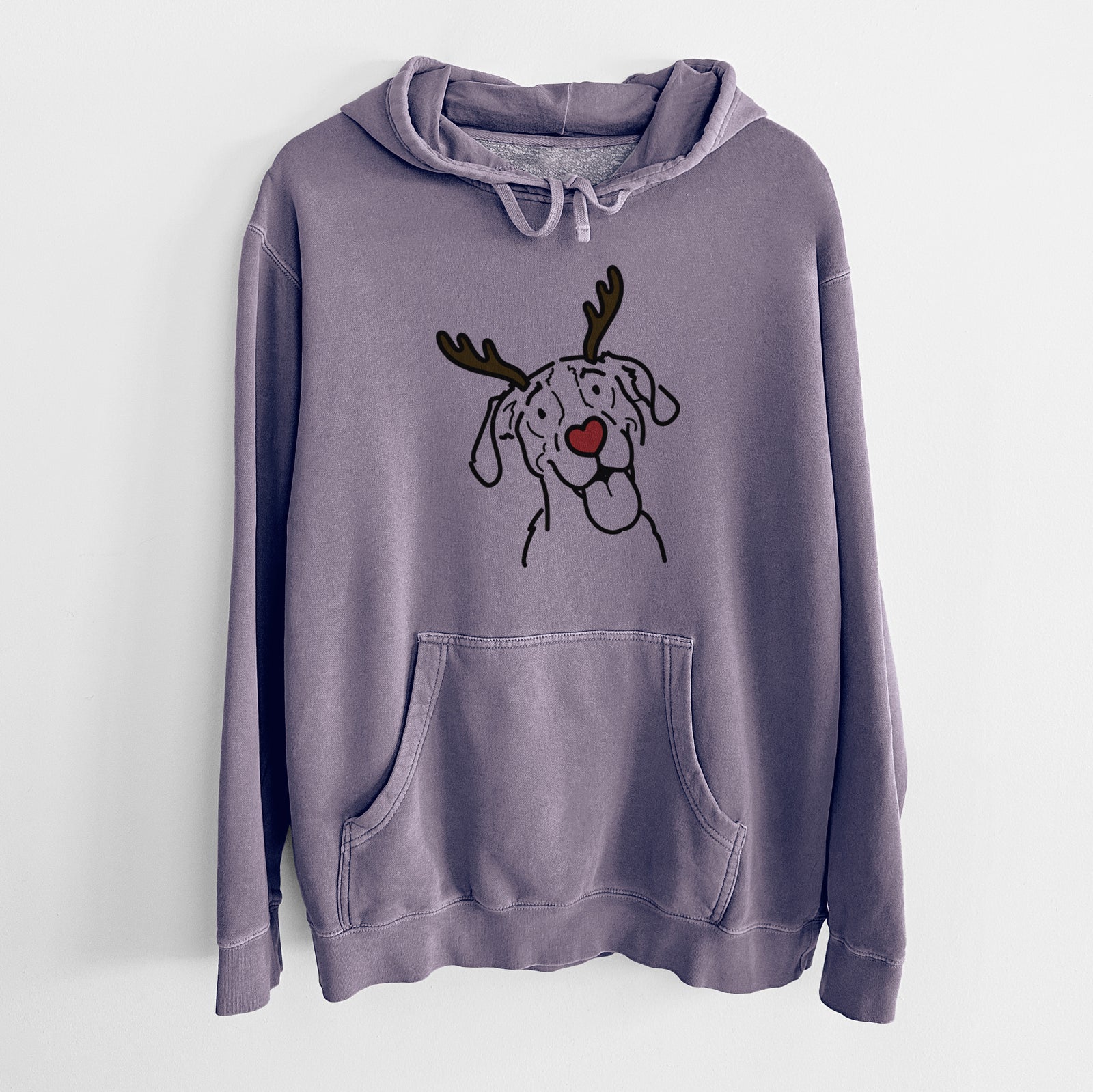 Minimalist line drawing of Kimble the Treeing Walker Coonhound with reindeer antlers and a red nose on a Plum Unisex pigment dyed hoodie