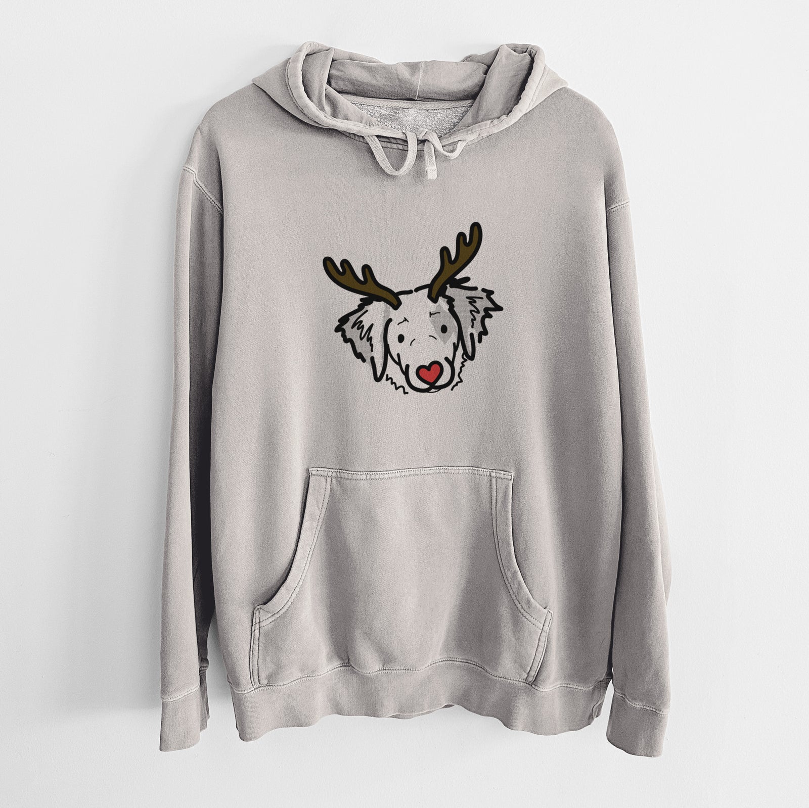Minimalist line drawing of Kiva the Brittany Spaniel with reindeer antlers and a red nose on a Cement Unisex pigment dyed hoodie