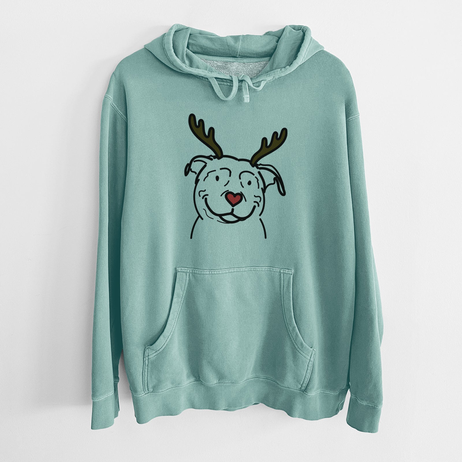 Minimalist line drawing of Lady the American Pitbull Terrier with reindeer antlers and a red nose on a Mint Unisex pigment dyed hoodie