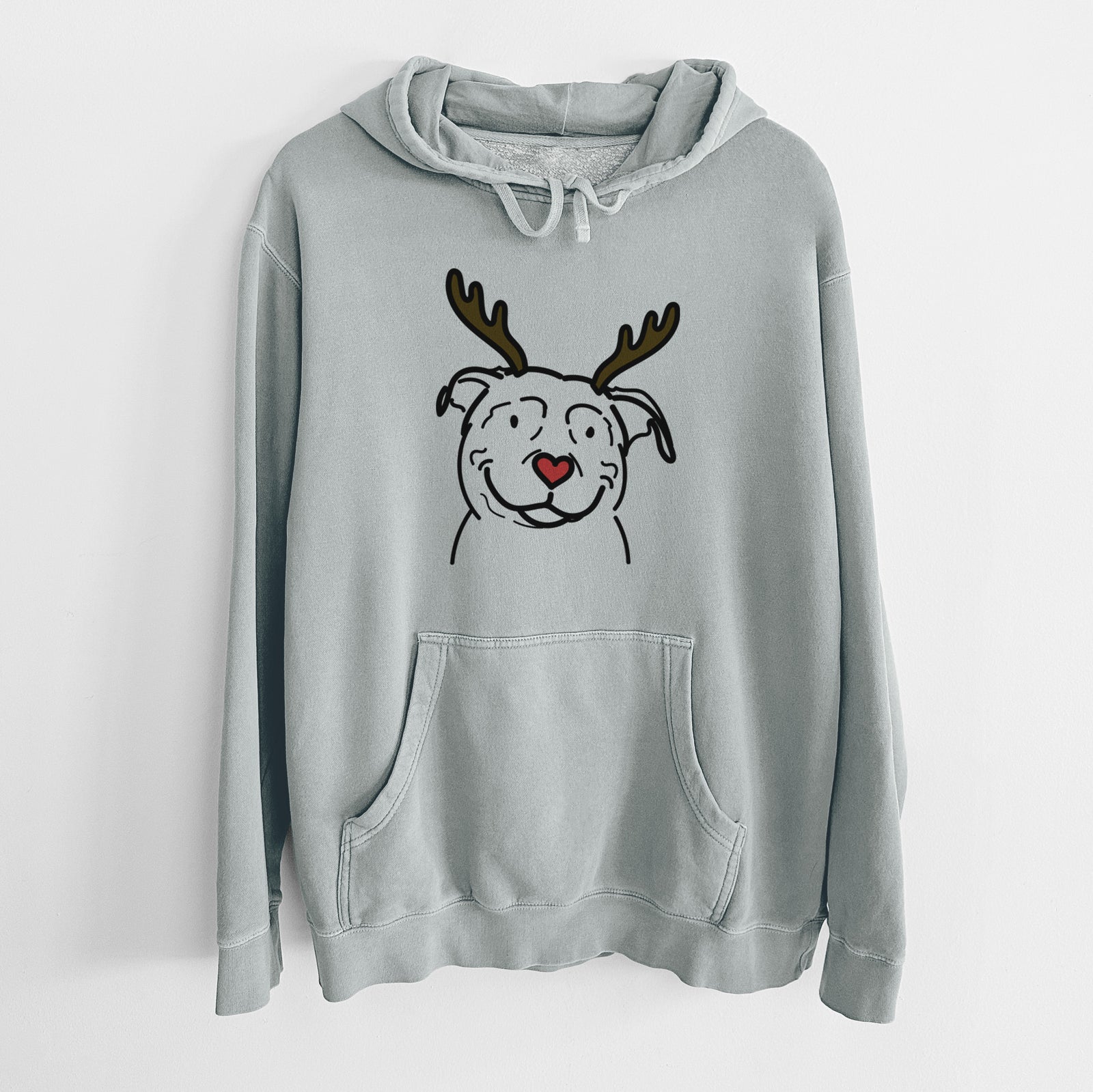 Minimalist line drawing of Lady the American Pitbull Terrier with reindeer antlers and a red nose on a Sage Unisex pigment dyed hoodie