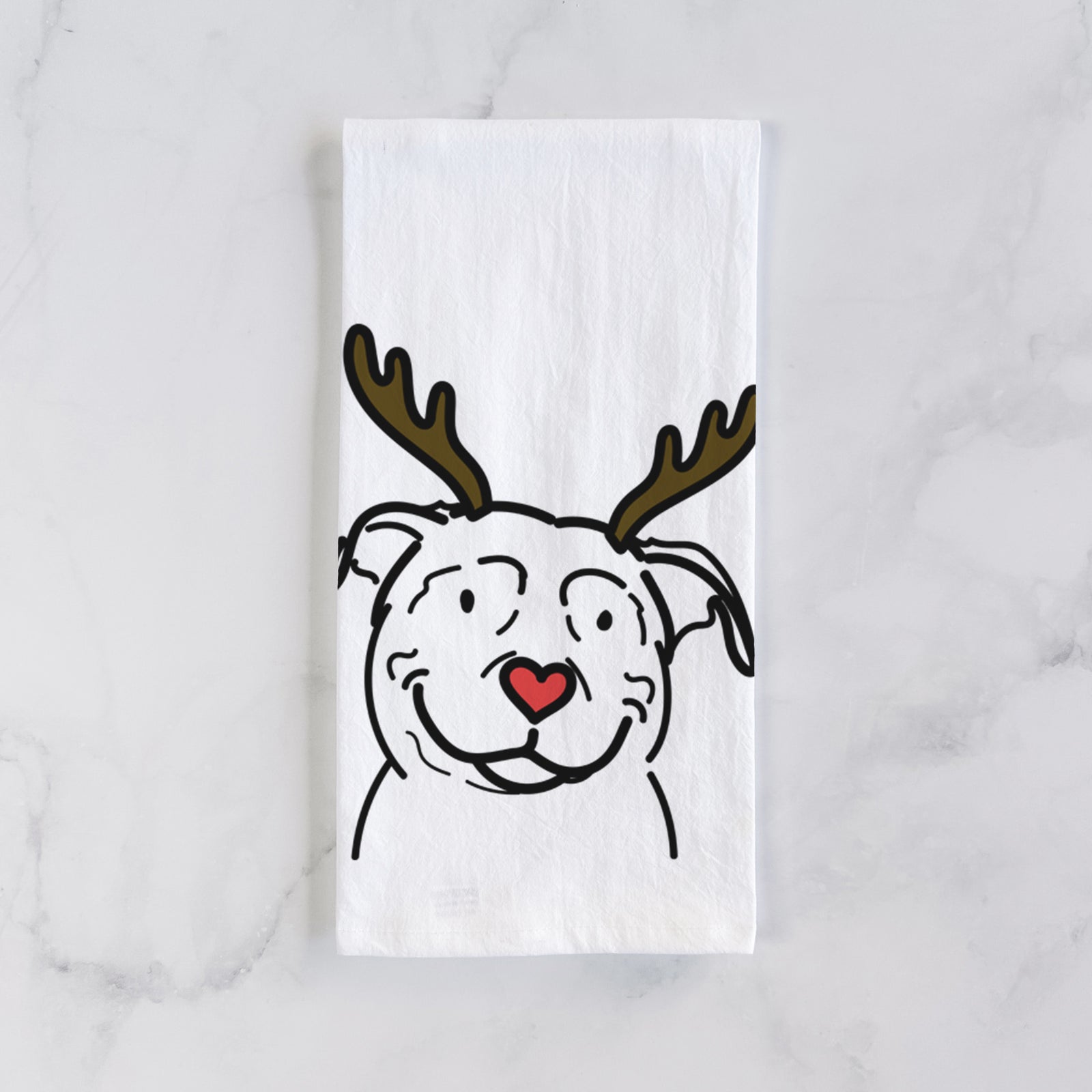 Minimalist line drawing of Lady the American Pitbull Terrier with reindeer antlers and a red nose on a tea towel