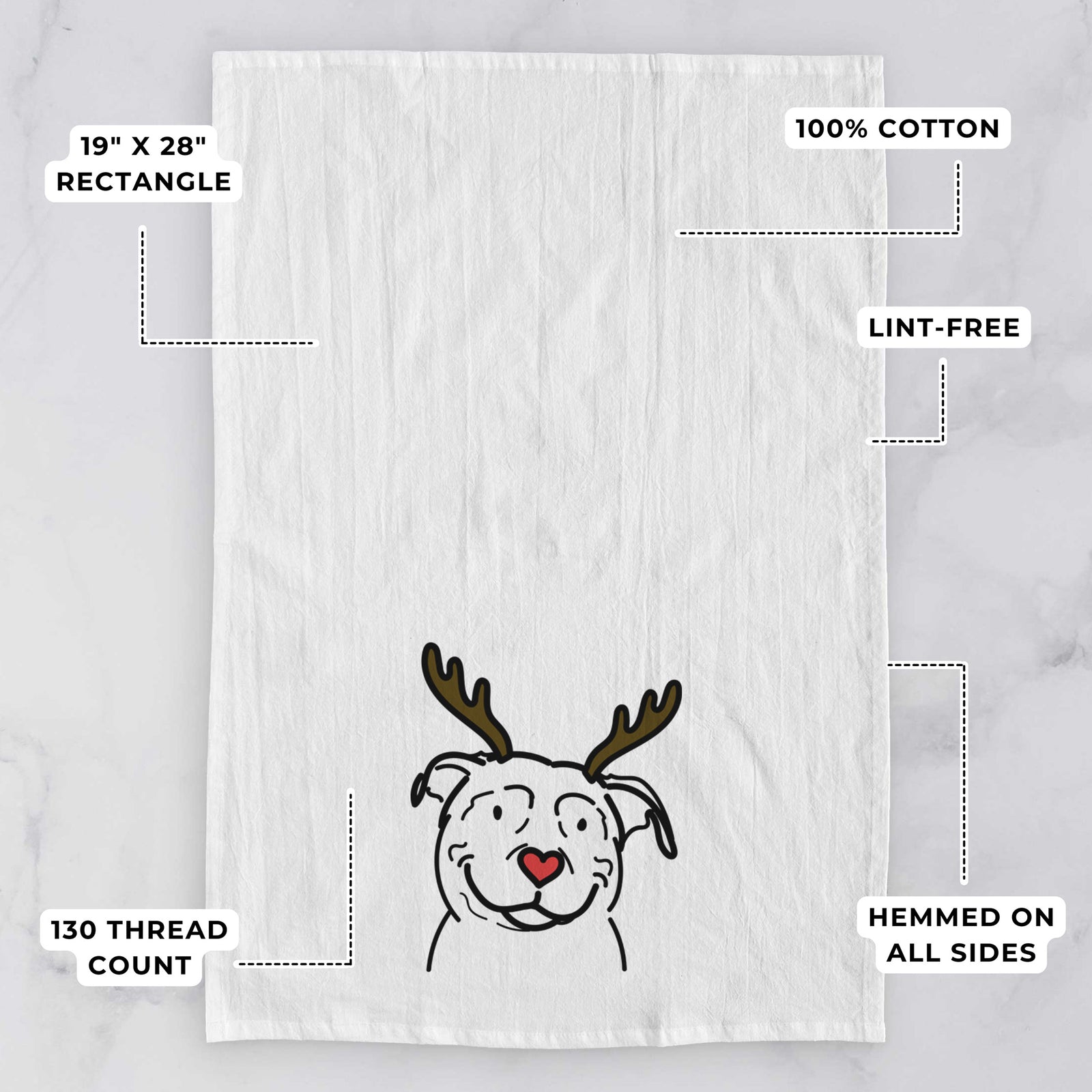 Minimalist line drawing of Lady the American Pitbull Terrier with reindeer antlers and a red nose on a tea towel, with feature callouts: 19 x 28 inch rectangle, 100% cotton, lint-free, 120 thread count, hemmed on all sides