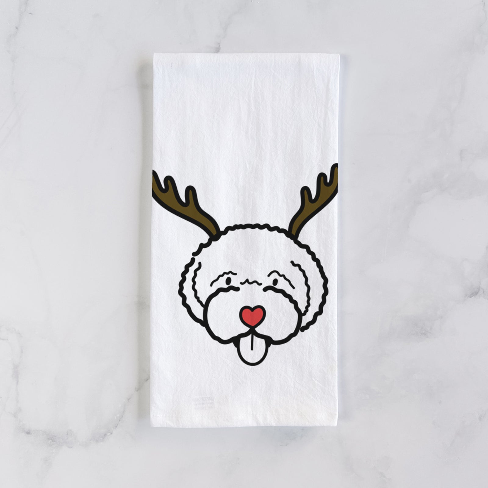 Minimalist line drawing of a Lagotta Romagnolo with reindeer antlers and a red nose on a tea towel