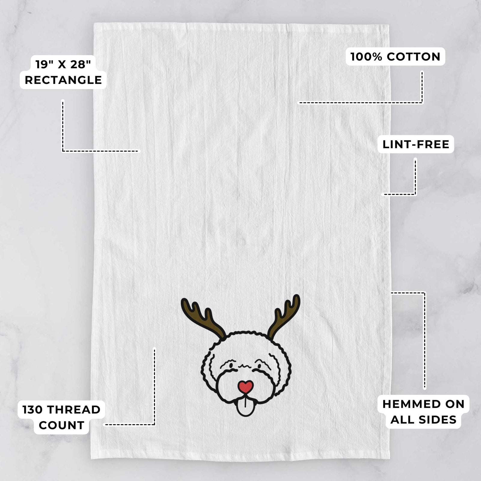 Minimalist line drawing of a Lagotta Romagnolo with reindeer antlers and a red nose on a tea towel, with feature callouts: 19 x 28 inch rectangle, 100% cotton, lint-free, 120 thread count, hemmed on all sides