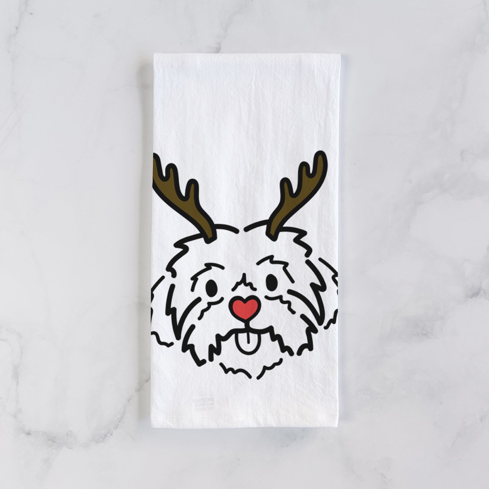 Minimalist line drawing of Leo the Shih Tzu with reindeer antlers and a red nose on a tea towel
