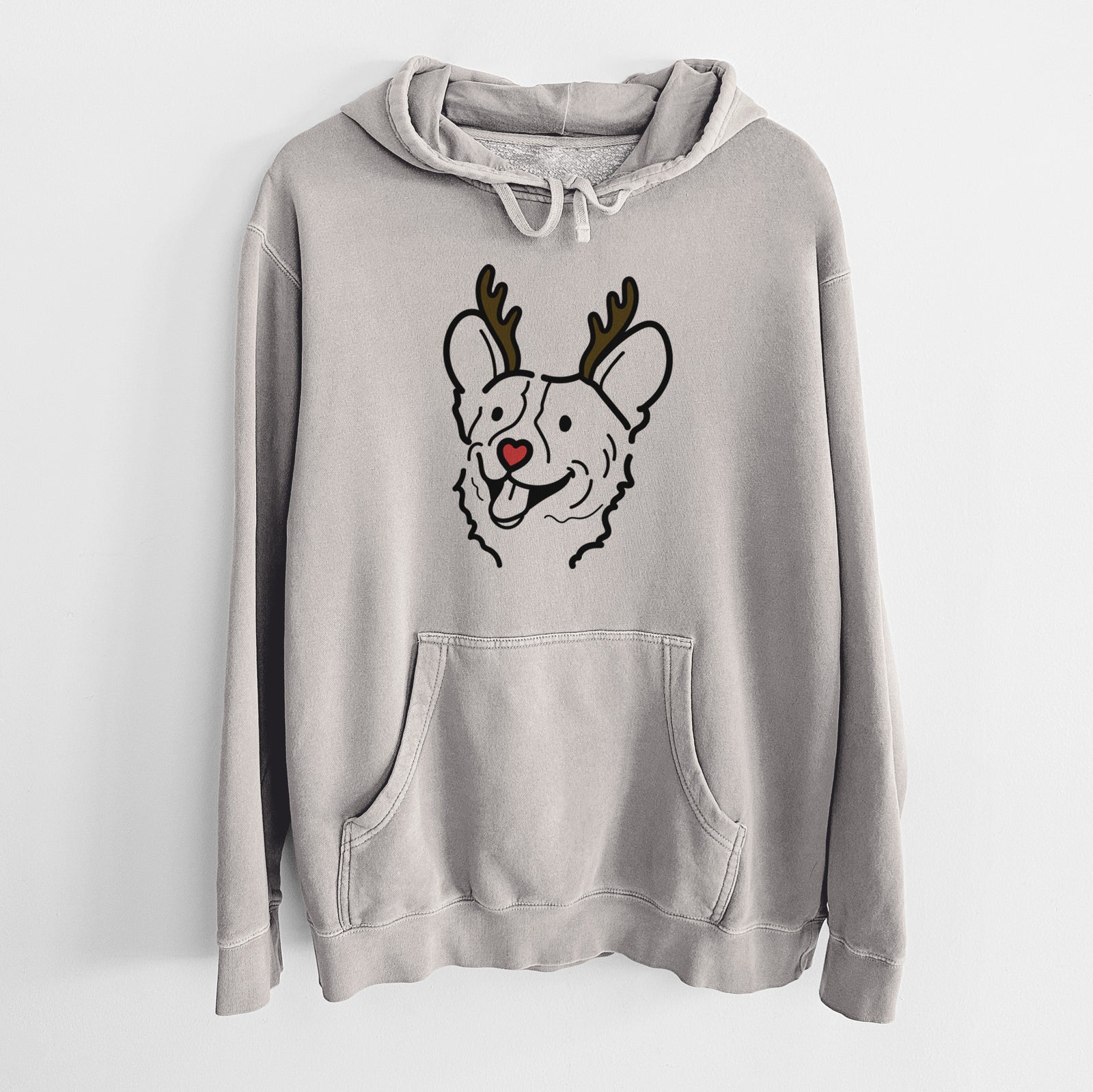 Minimalist line drawing of Lily the Corgi with reindeer antlers and a red nose on a Cement Unisex pigment dyed hoodie