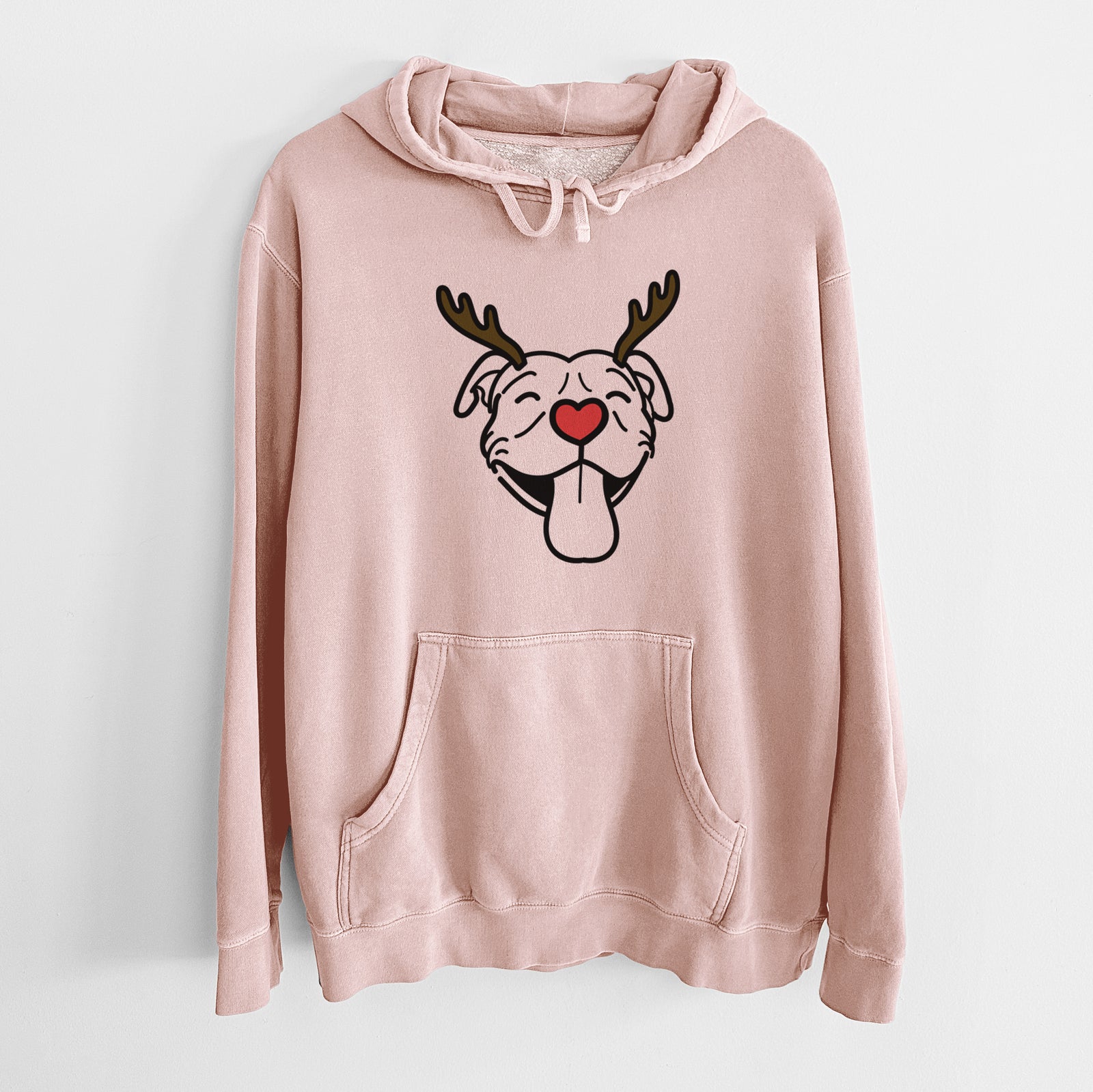 Minimalist line drawing of Louie the Pitbull with reindeer antlers and a red nose on a Dusty Pink Unisex pigment dyed hoodie