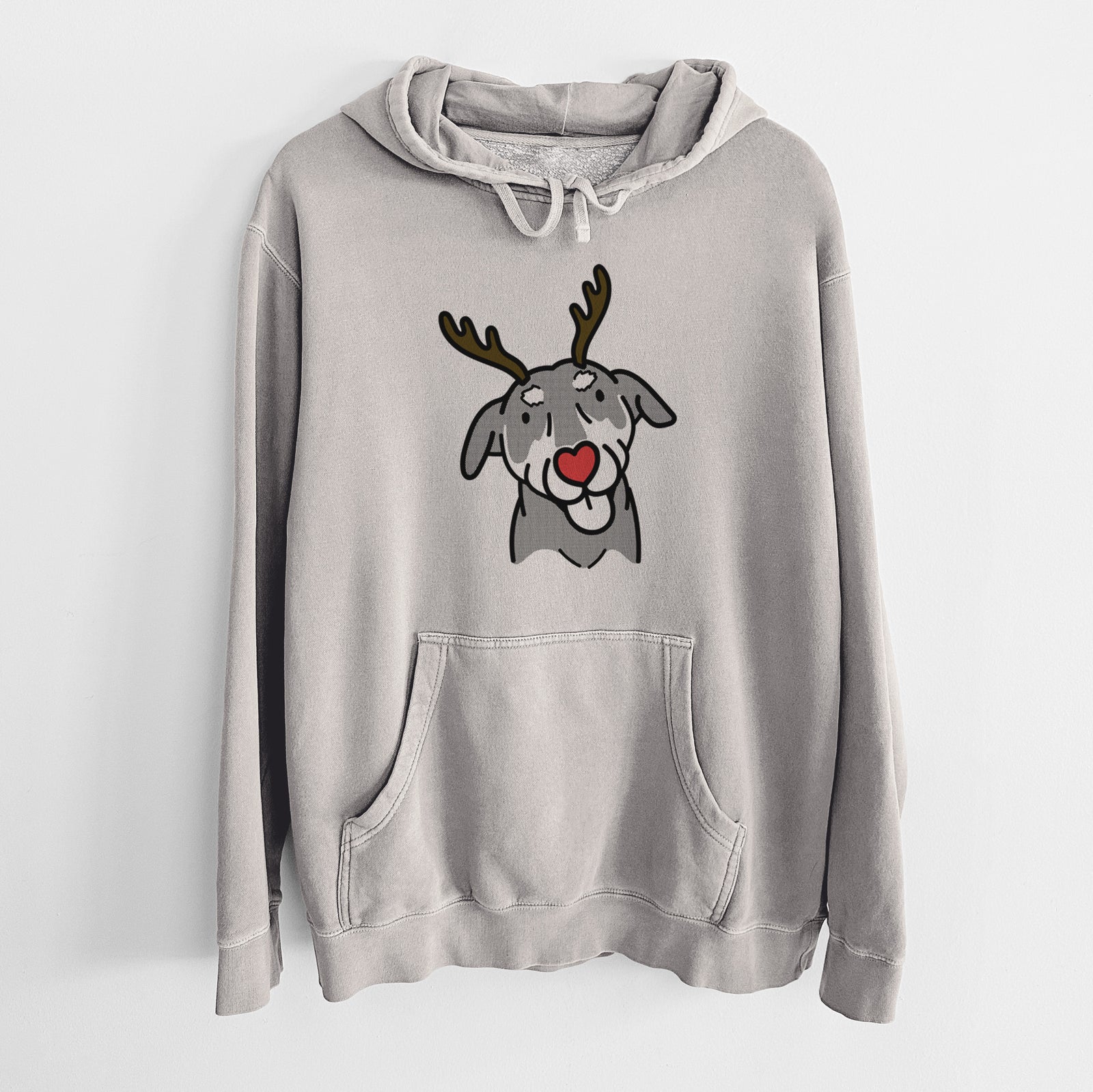 Minimalist line drawing of Lousia the Mixed Breed with reindeer antlers and a red nose on a Cement Unisex pigment dyed hoodie