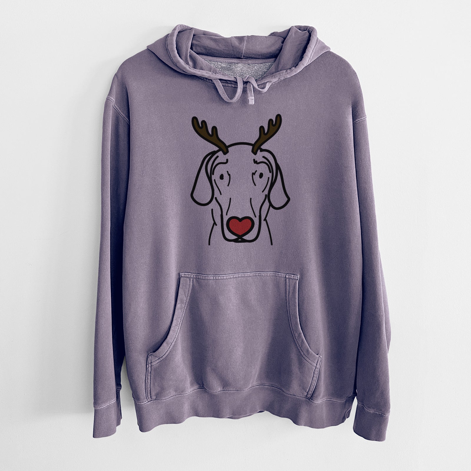 Minimalist line drawing of Lucy the Great Dane with reindeer antlers and a red nose on a Plum Unisex pigment dyed hoodie