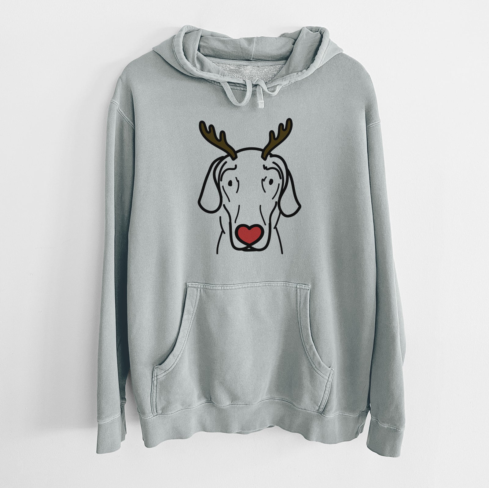 Minimalist line drawing of Lucy the Great Dane with reindeer antlers and a red nose on a Sage Unisex pigment dyed hoodie