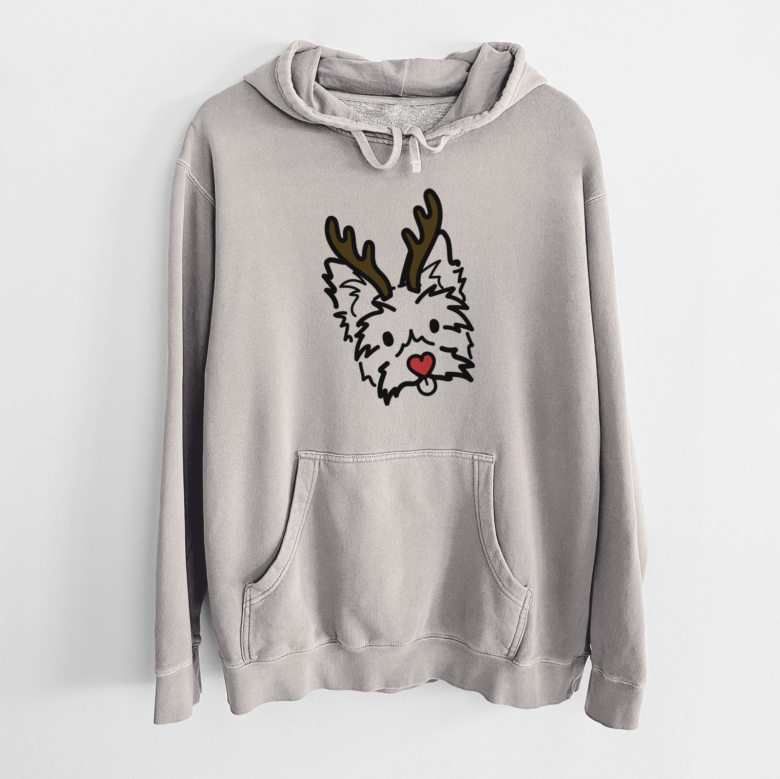 Minimalist line drawing of Luna the Yorkshire Terrier with reindeer antlers and a red nose on a Cement Unisex pigment dyed hoodie
