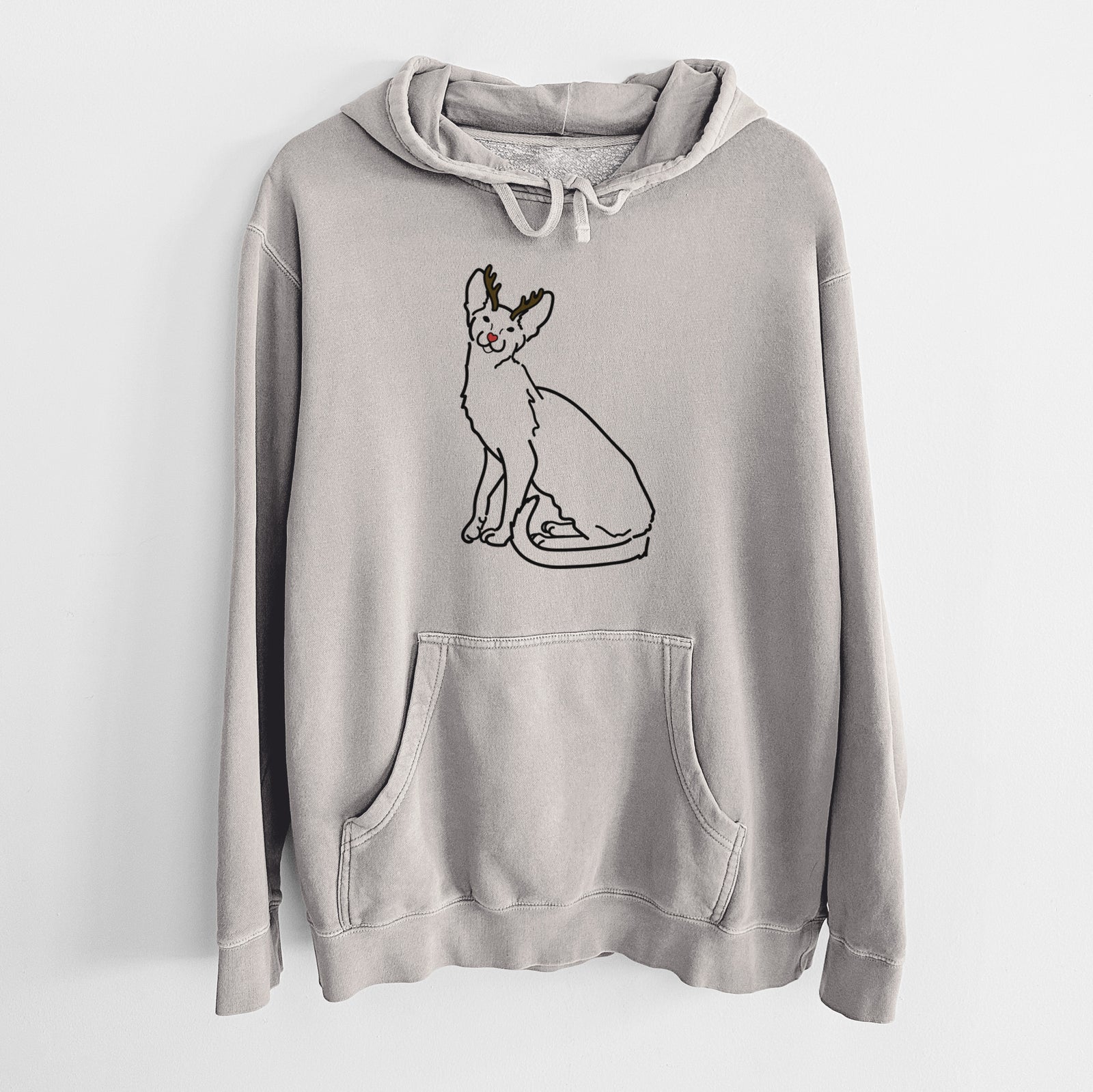 Minimalist line drawing of Lyra the Oriental Shorthair Cat with reindeer antlers and a red nose on a Cement Unisex pigment dyed hoodie