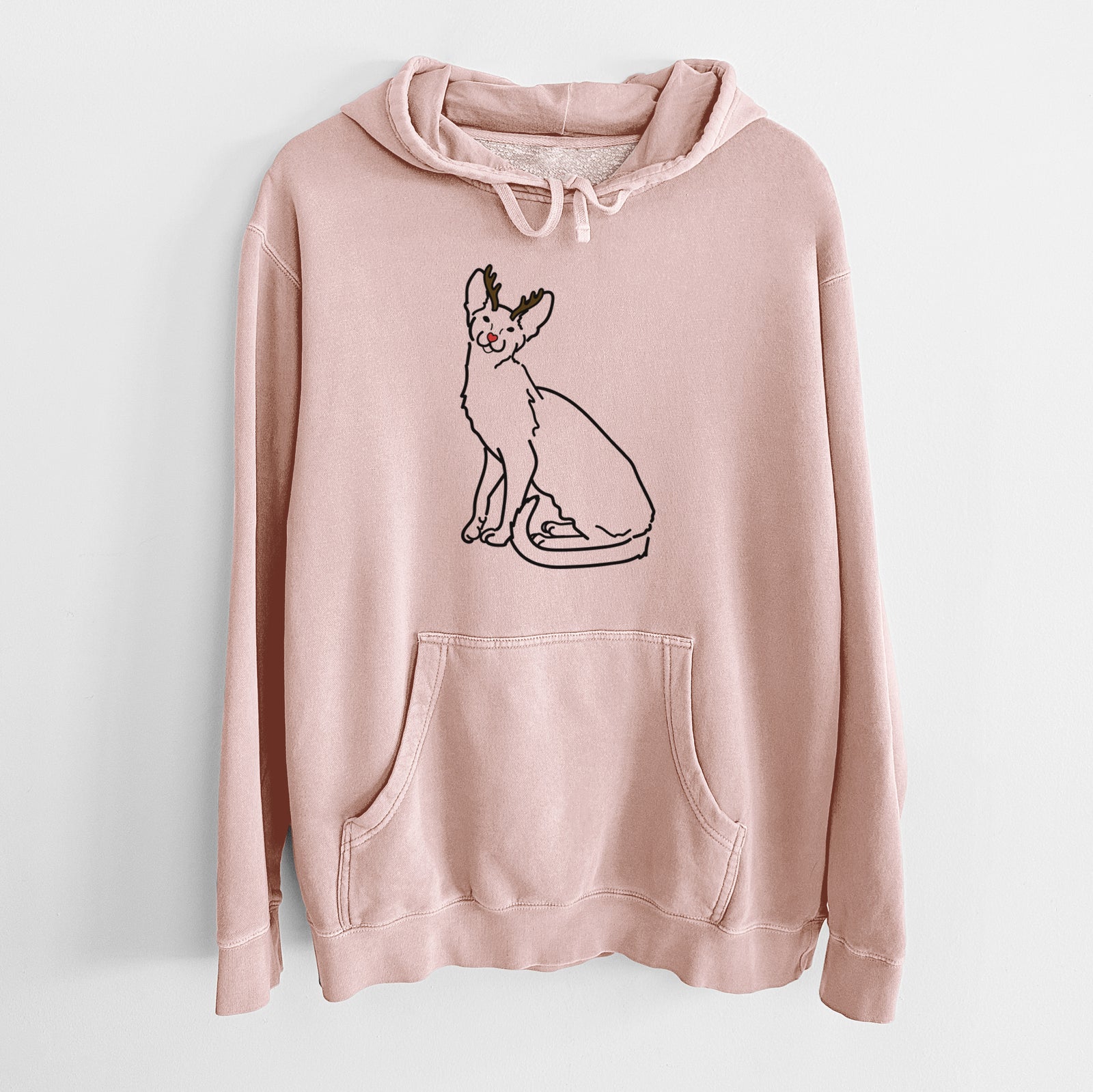 Minimalist line drawing of Lyra the Oriental Shorthair Cat with reindeer antlers and a red nose on a Dusty Pink Unisex pigment dyed hoodie