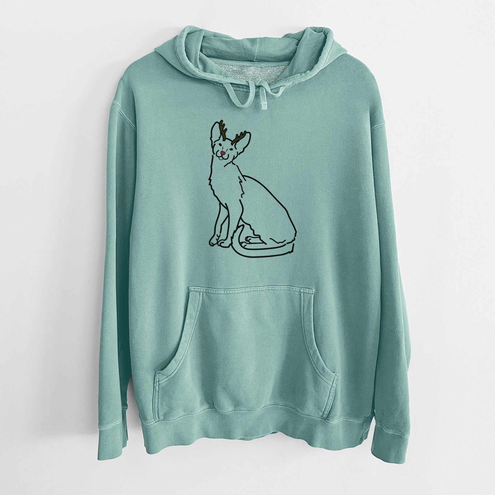 Minimalist line drawing of Lyra the Oriental Shorthair Cat with reindeer antlers and a red nose on a Mint Unisex pigment dyed hoodie