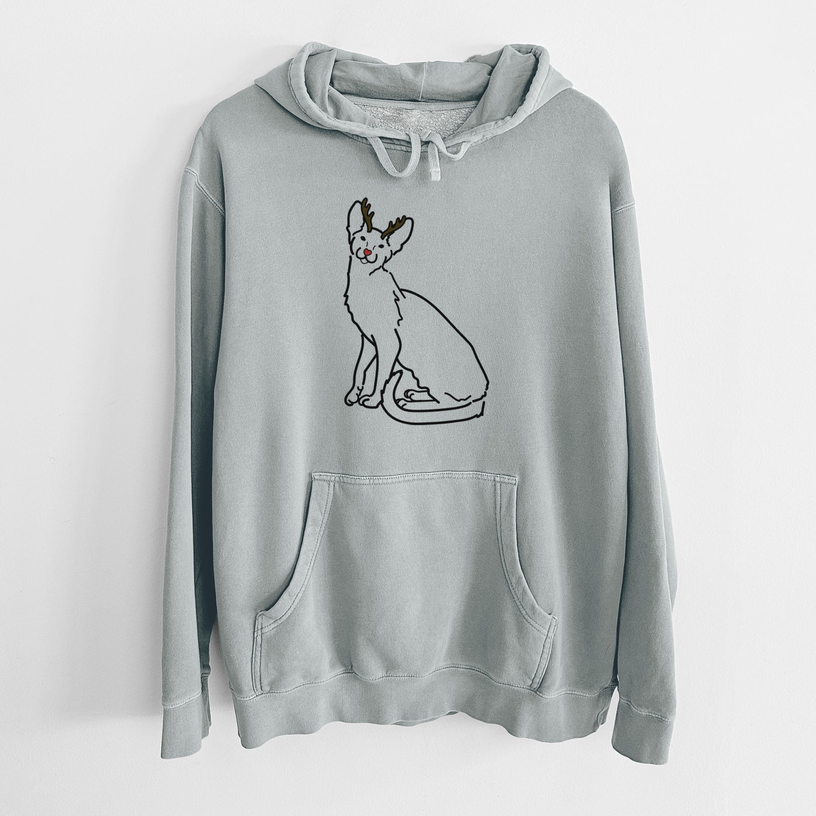 Minimalist line drawing of Lyra the Oriental Shorthair Cat with reindeer antlers and a red nose on a Sage Unisex pigment dyed hoodie