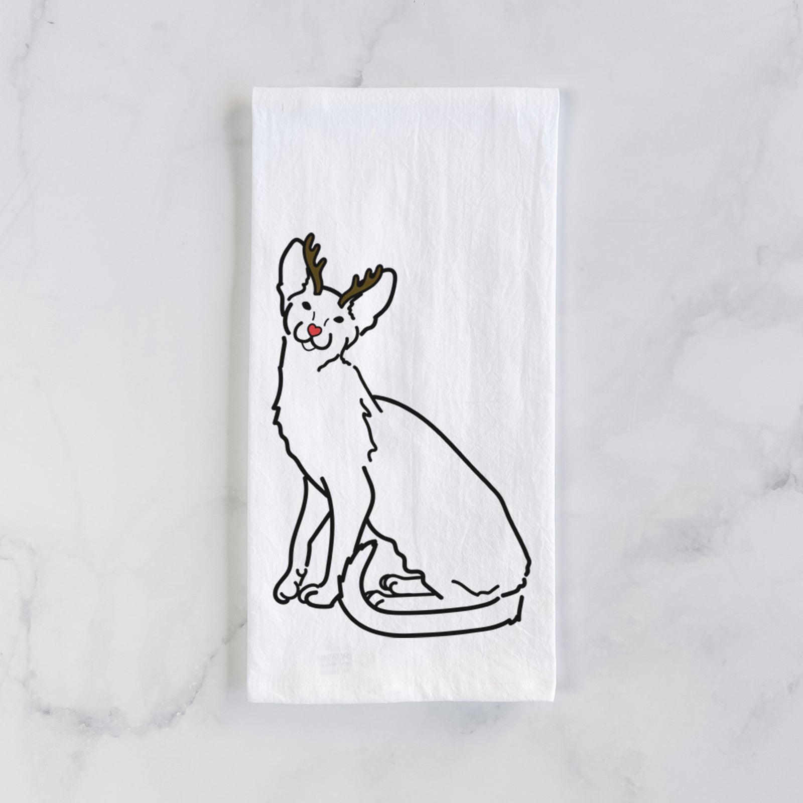 Minimalist line drawing of Lyra the Oriental Shorthair Cat with reindeer antlers and a red nose on a tea towel