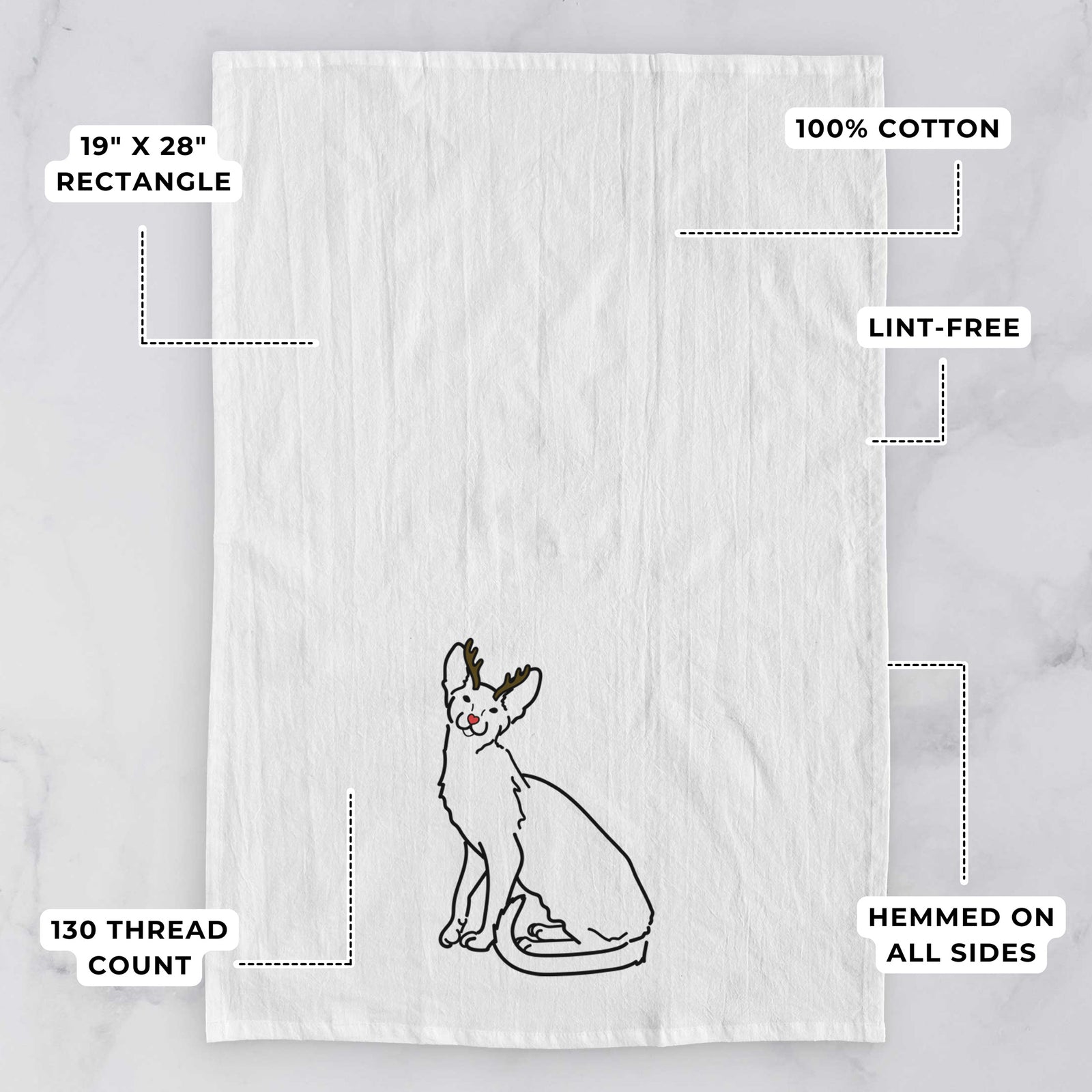 Minimalist line drawing of Lyra the Oriental Shorthair Cat with reindeer antlers and a red nose on a tea towel, with feature callouts: 19 x 28 inch rectangle, 100% cotton, lint-free, 120 thread count, hemmed on all sides