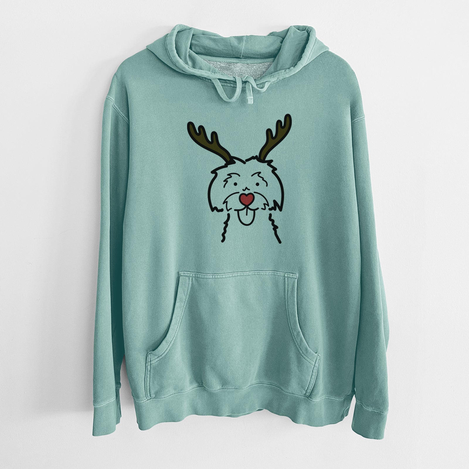 Minimalist line drawing of a Maltese with reindeer antlers and a red nose on a Mint Unisex pigment dyed hoodie