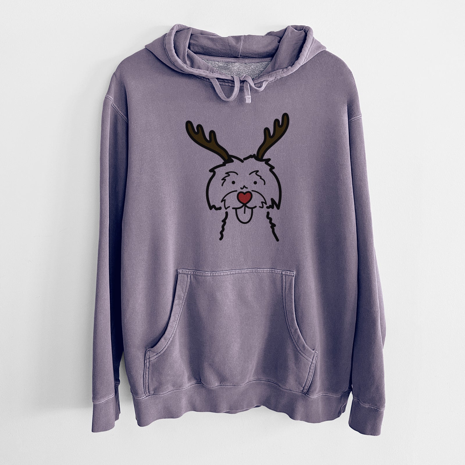 Minimalist line drawing of a Maltese with reindeer antlers and a red nose on a Plum Unisex pigment dyed hoodie