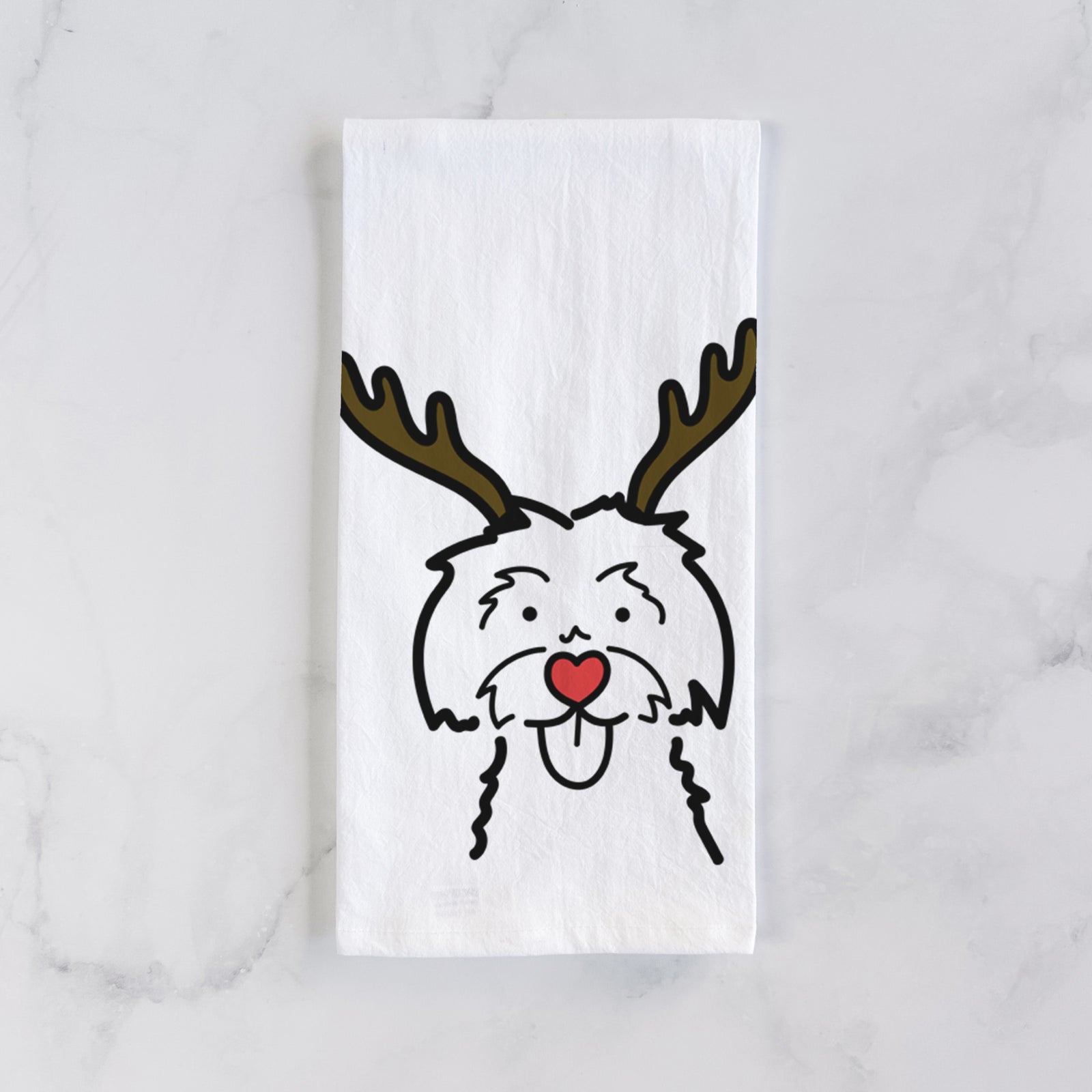 Minimalist line drawing of a Maltese with reindeer antlers and a red nose on a tea towel