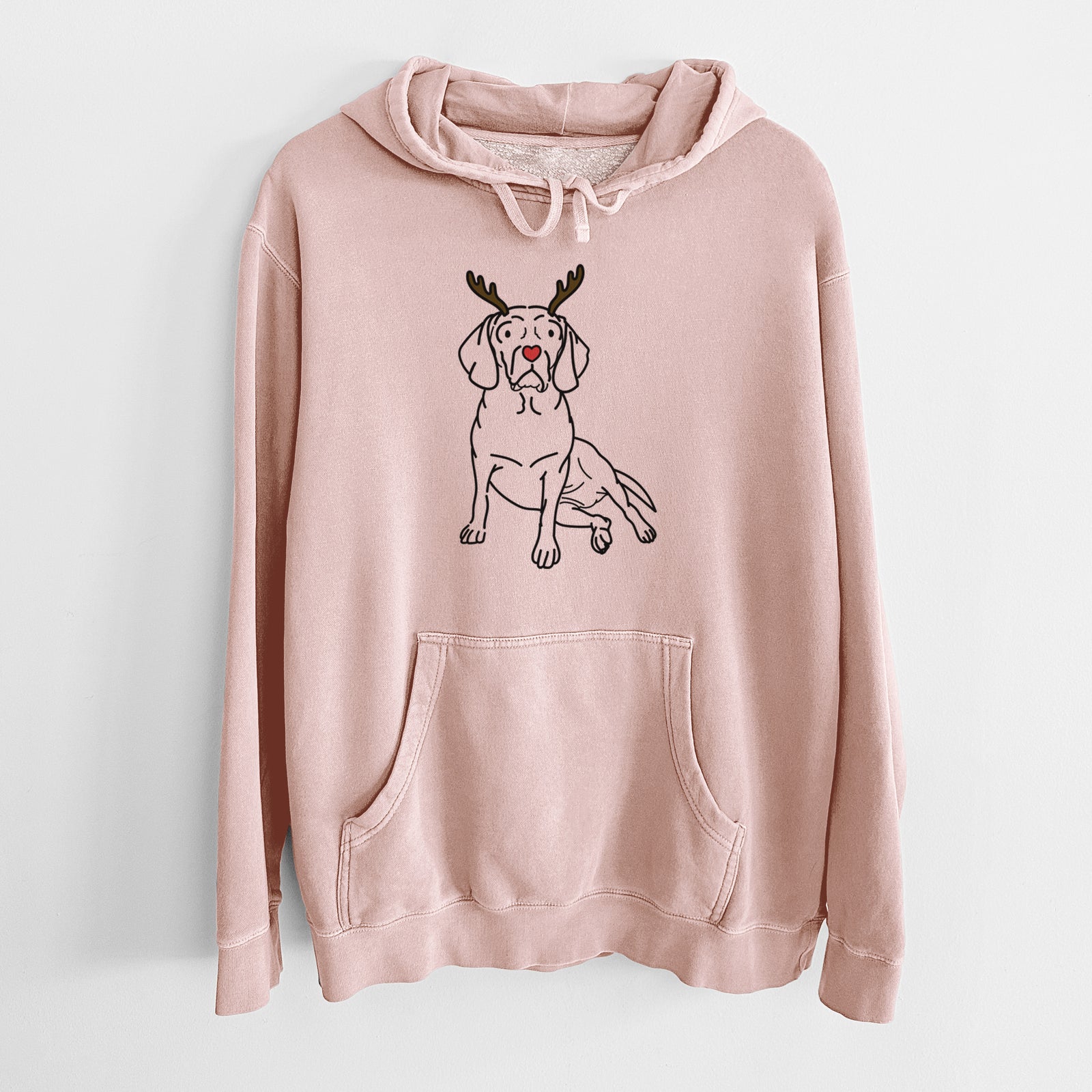 Minimalist line drawing of Mayble the Puggle with reindeer antlers and a red nose on a Dusty Pink Unisex pigment dyed hoodie