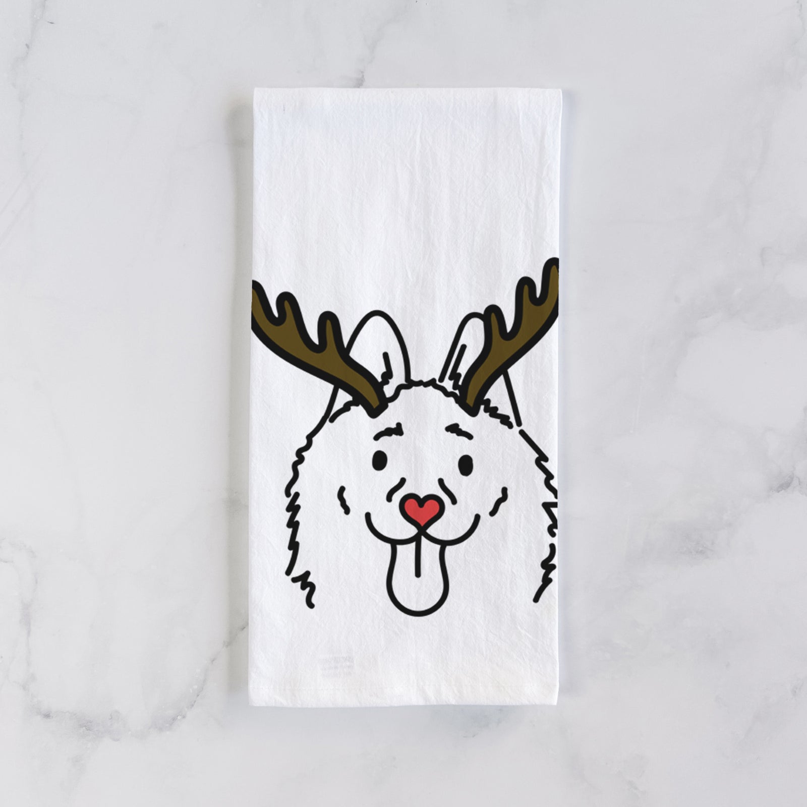 Minimalist line drawing of Meeko the Schipperke with reindeer antlers and a red nose on a tea towel