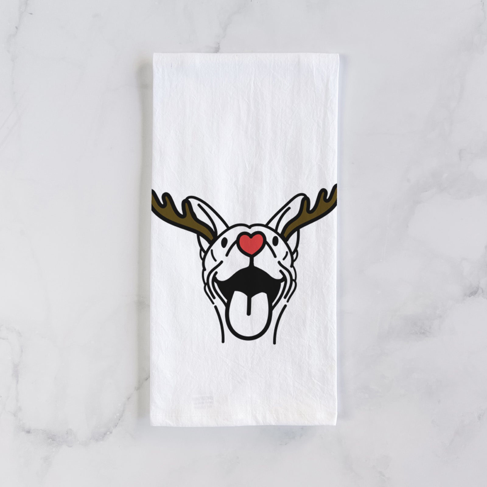 Minimalist line drawing of Merlin the Basenji with reindeer antlers and a red nose on a tea towel