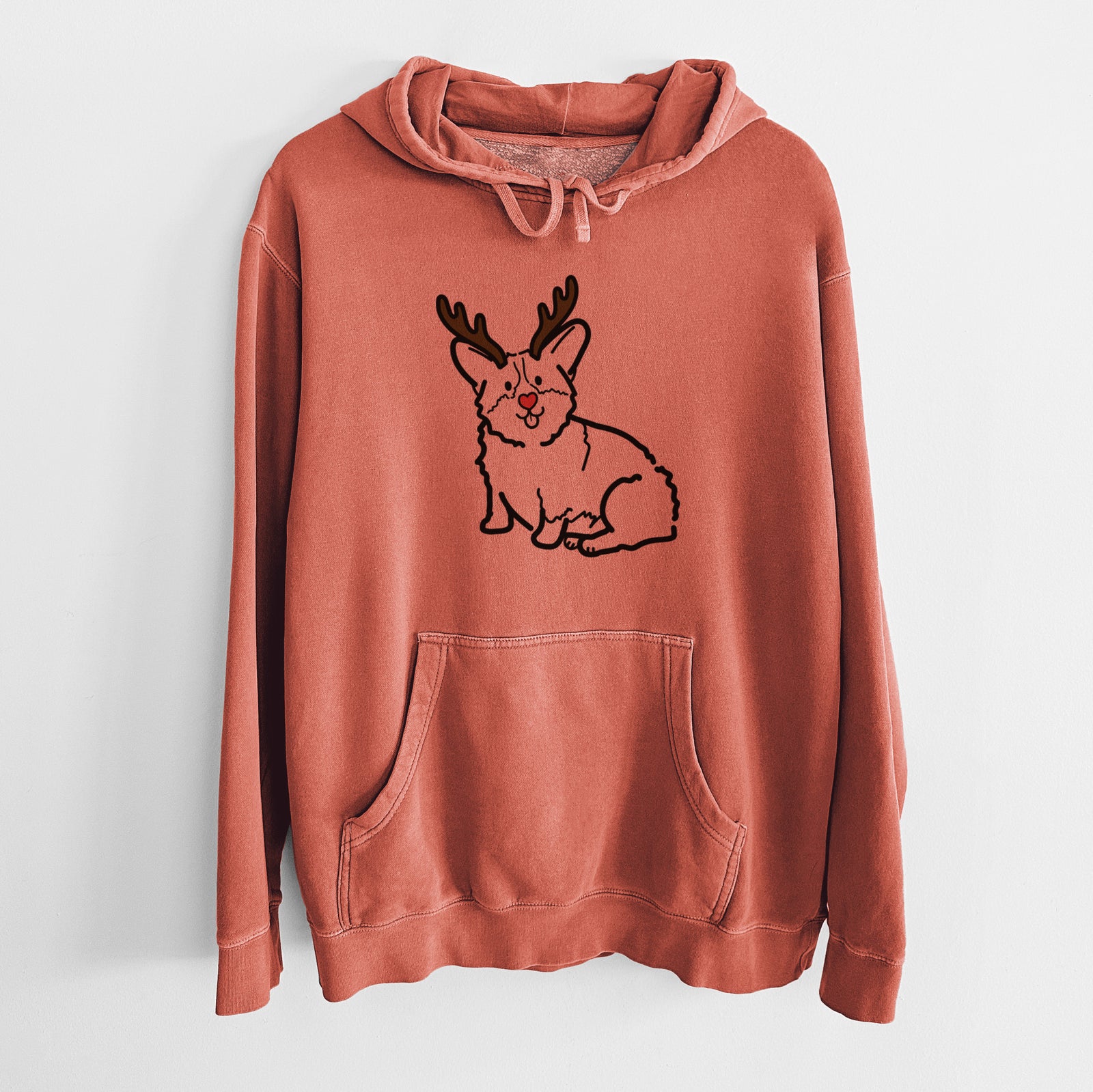 Minimalist line drawing of Millie the Pembroke Welsh Corgi with reindeer antlers and a red nose on an Amber Unisex pigment dyed hoodie
