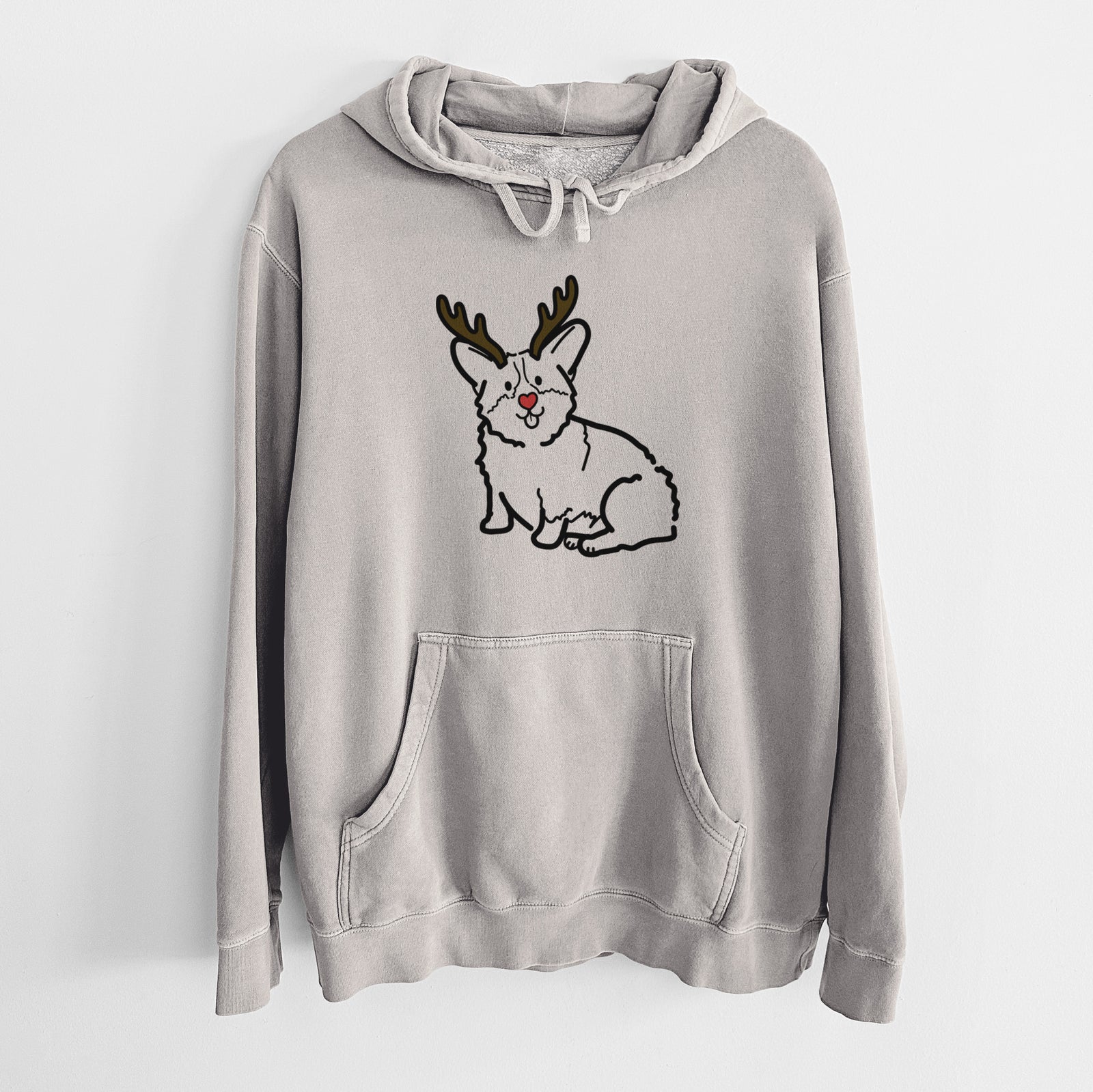 Minimalist line drawing of Millie the Pembroke Welsh Corgi with reindeer antlers and a red nose on a Cement Unisex pigment dyed hoodie
