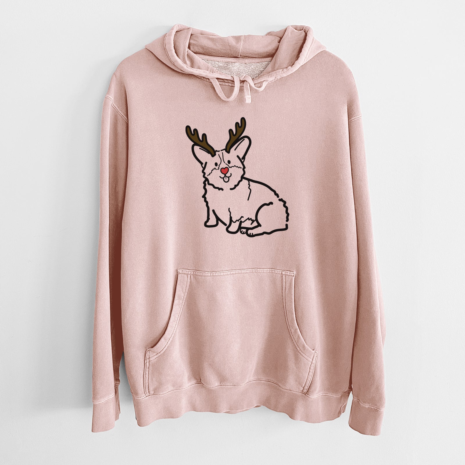 Minimalist line drawing of Millie the Pembroke Welsh Corgi with reindeer antlers and a red nose on a Dusty Pink Unisex pigment dyed hoodie
